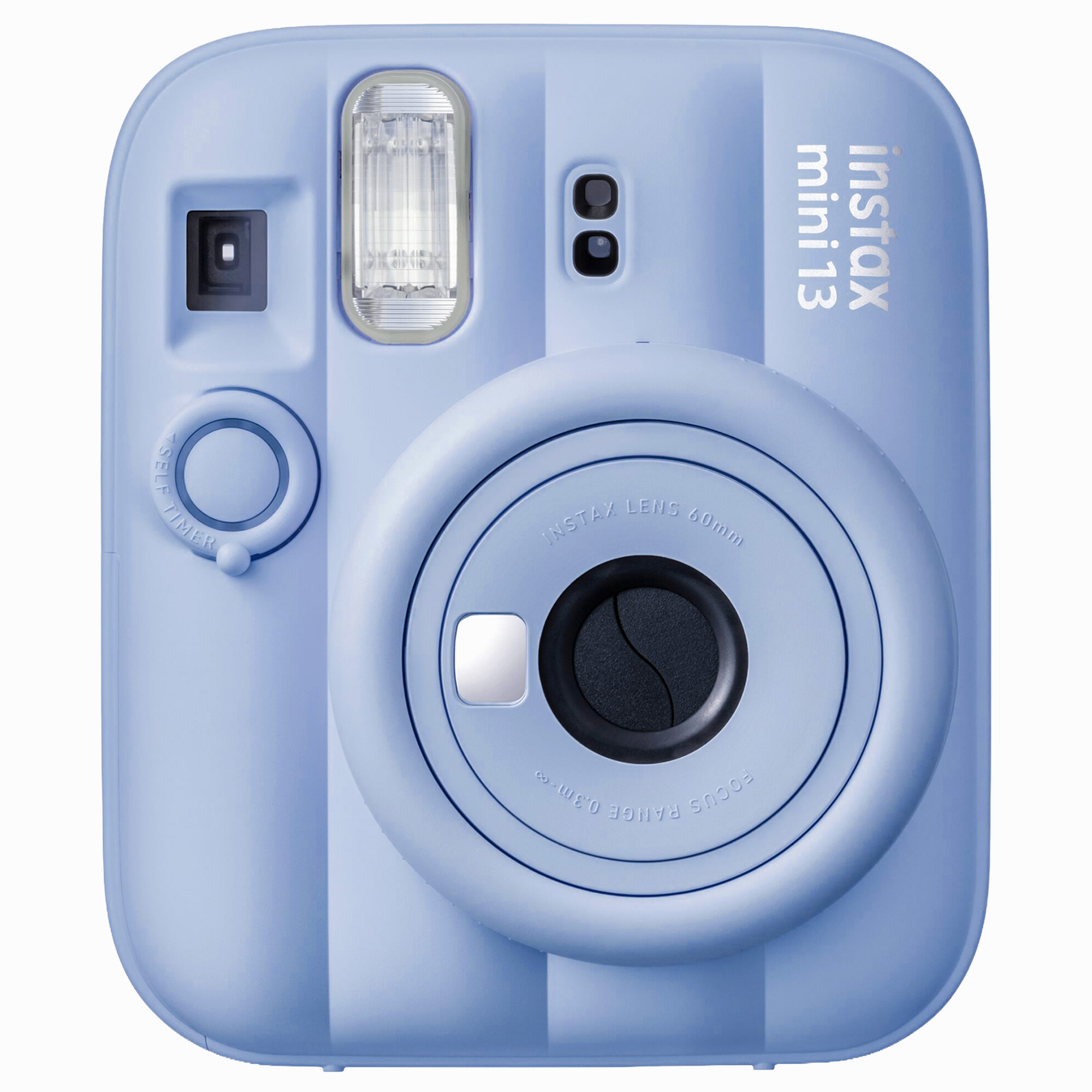 Önden görünen açık mavi renkli bir Instax Mini 13 anlık kamera.