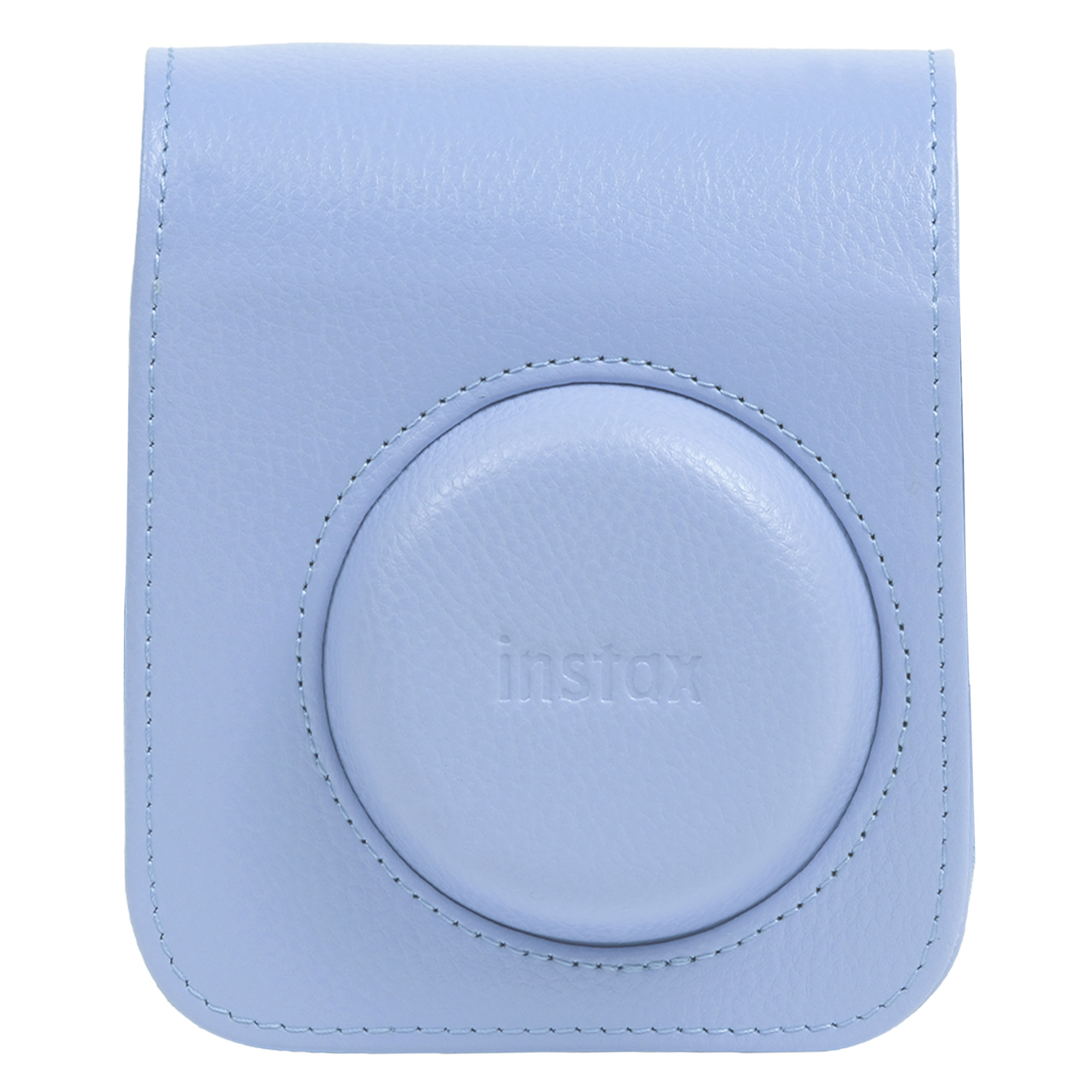 Yuvarlak lens kapağı ve kabartmalı logolu açık mavi deri Instax kamera kılıfı.