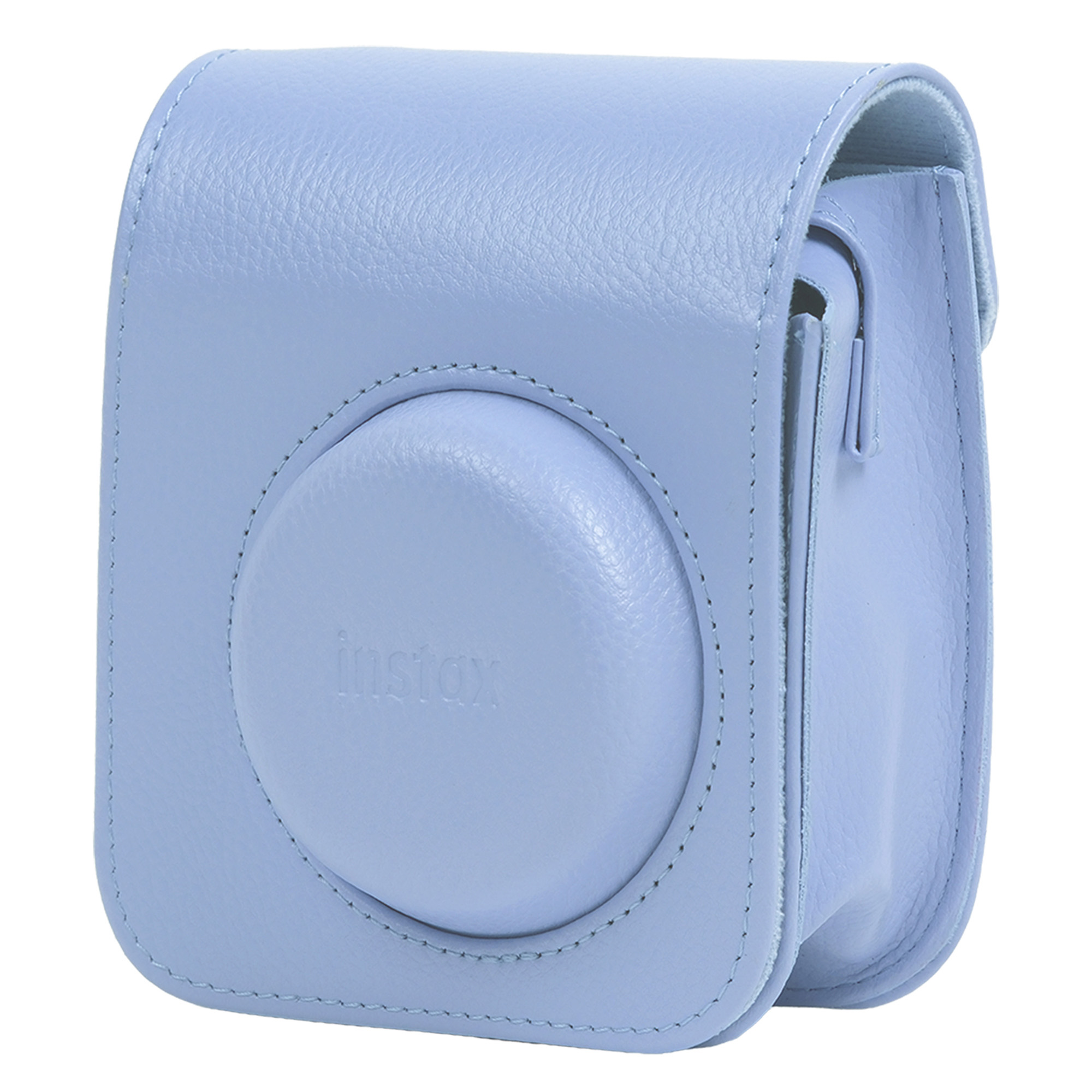 Beyaz arka planda dairesel lens kapaklı açık mavi deri Instax kamera kılıfı.