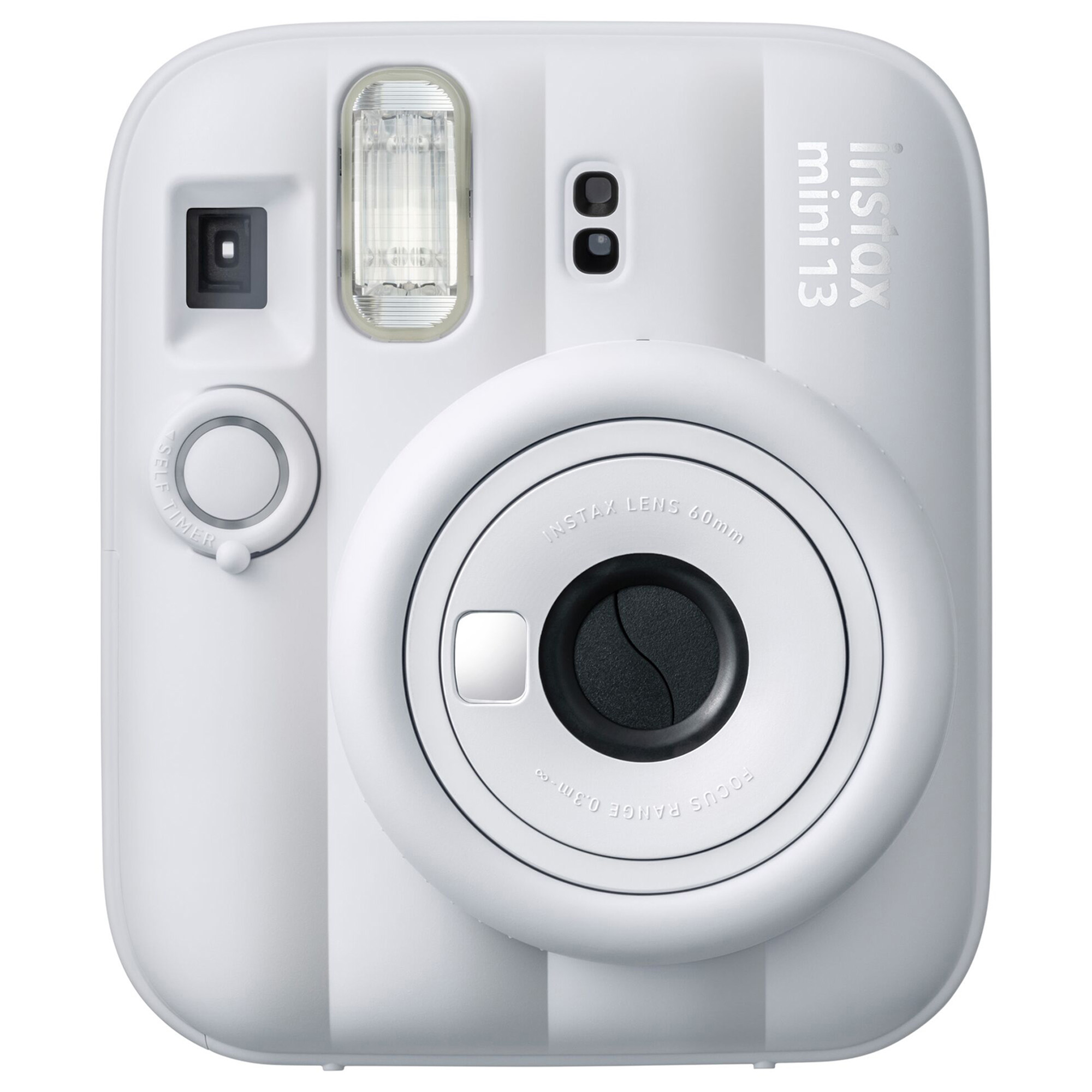 Merkezi lensli, flaş üniteli ve dikdörtgen vizörlü beyaz renkli bir Instax Mini 13 anlık kamera.