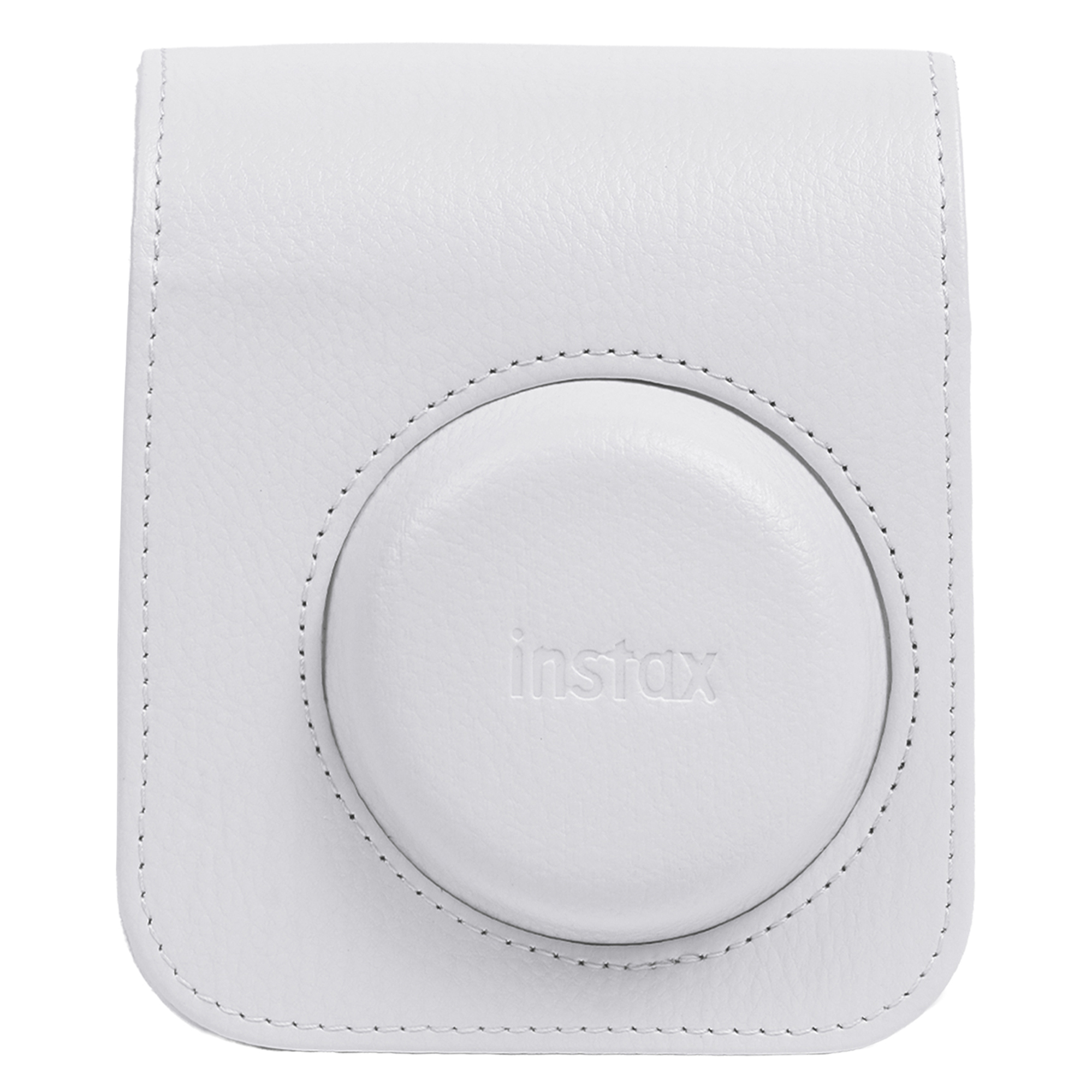 Yuvarlak lens kapağı ve dikişleri olan beyaz bir Instax kamera çantası.