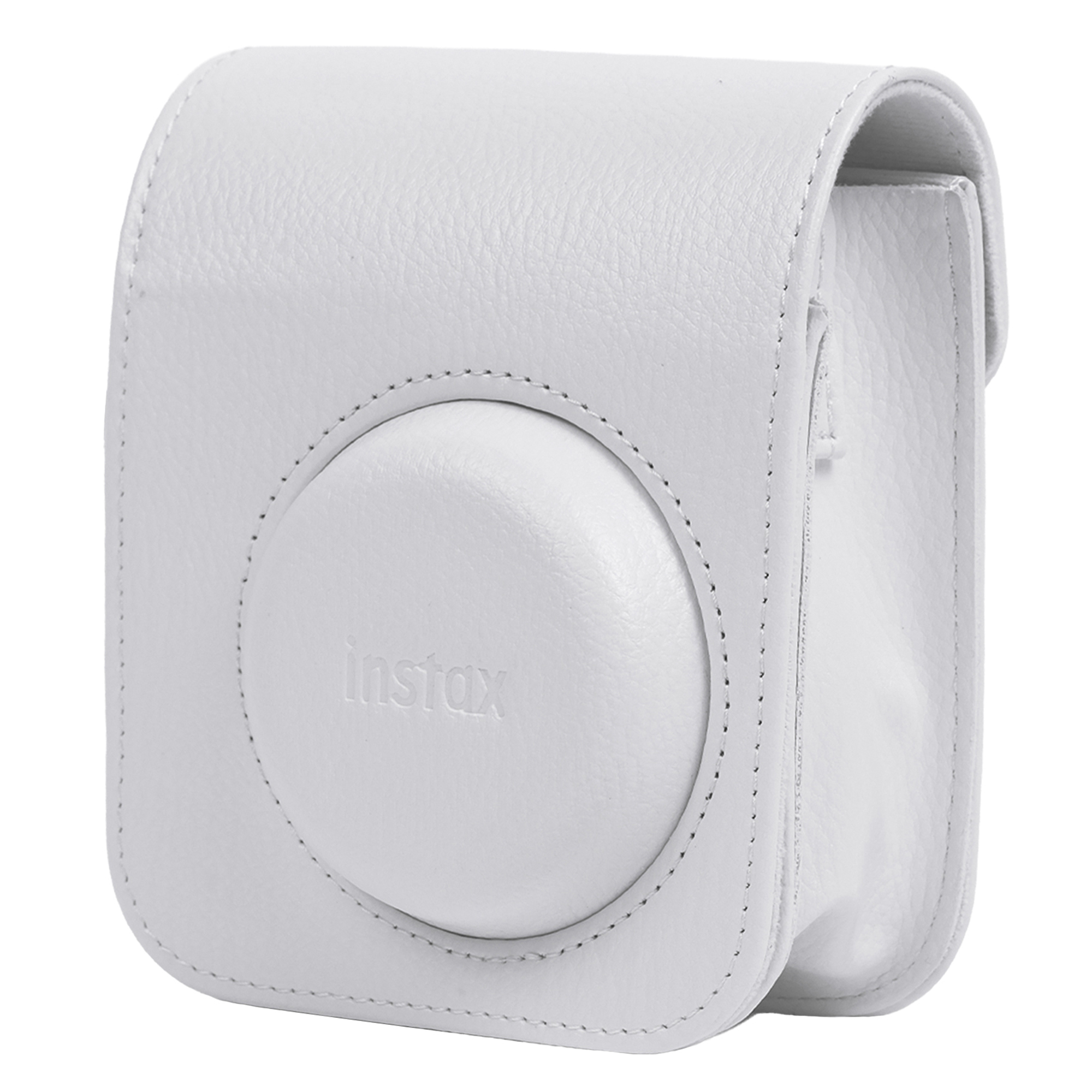 Yuvarlak lens alanına sahip beyaz deri Instax kamera kılıfı.