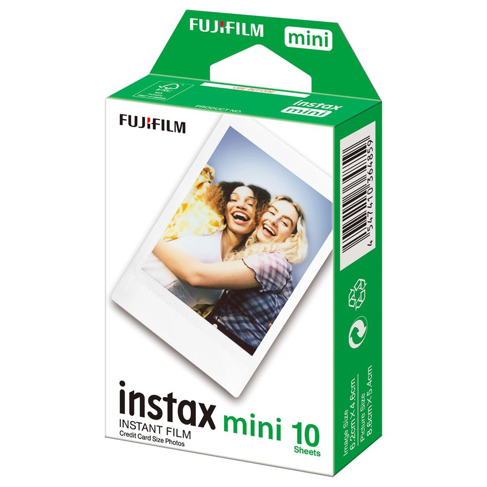 Önünde iki gülen kadının fotoğrafı olan yeşil ve beyaz Fujifilm Instax Mini 10 film kutusu.