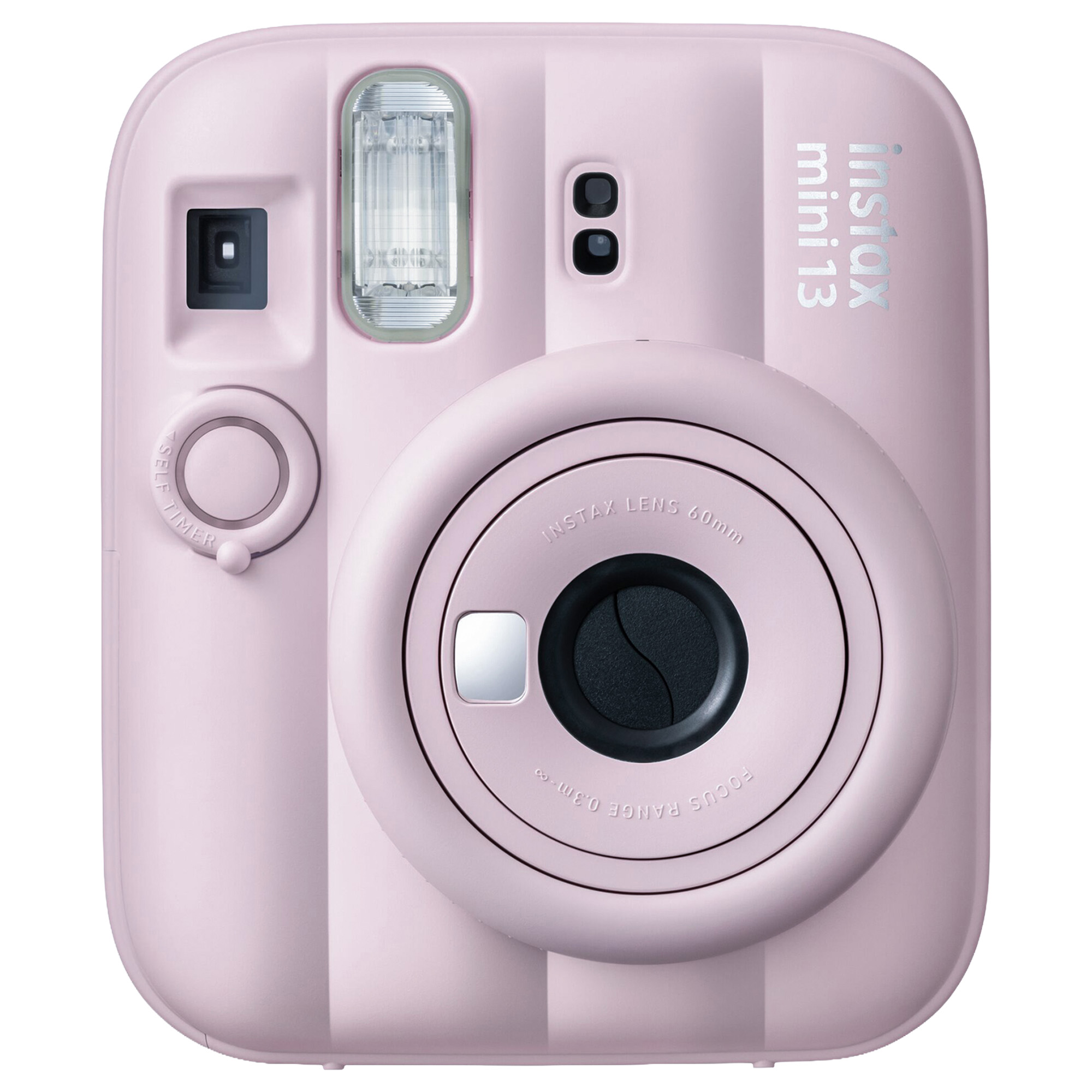 Lens, flaş ve vizöre sahip pembe bir Instax Mini 13 anlık kamera.