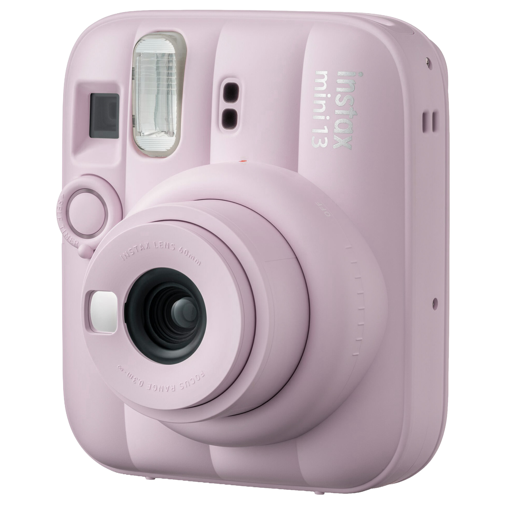 Beyaz arka planda silindirik lens, flaş ve vizöre sahip pembe renkli bir Instax Mini anlık kamera.