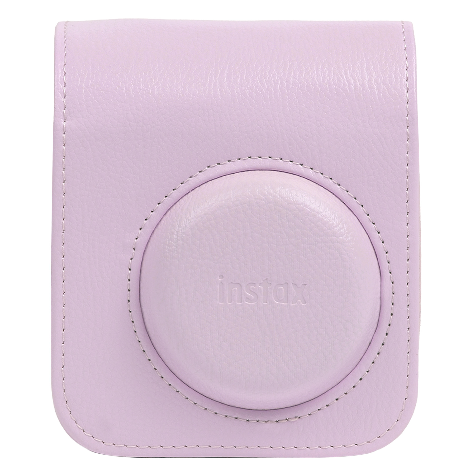 Düz beyaz arka planda açık mor deri Instax kamera çantası.