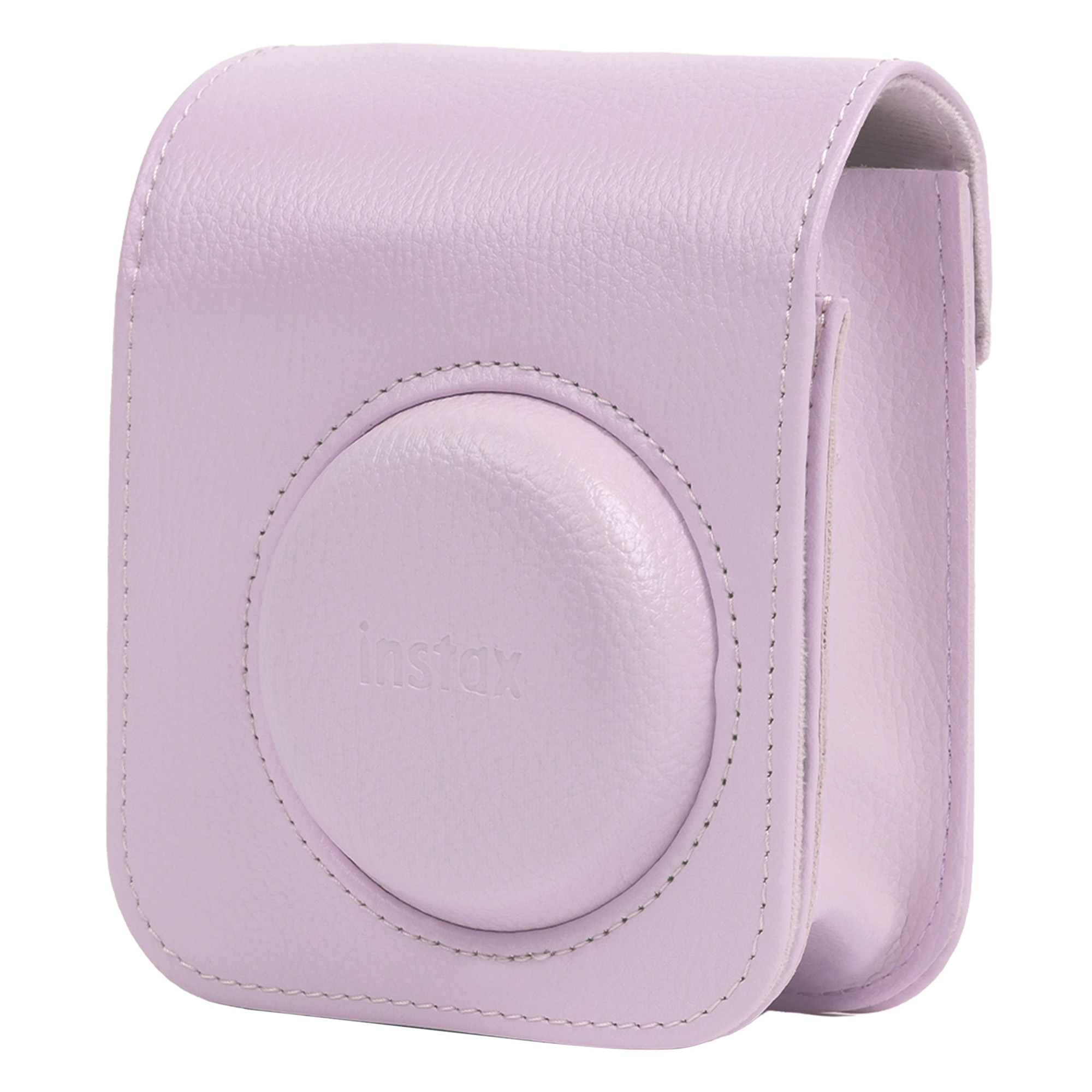 Ön yüzünde kabartmalı Instax logosu bulunan açık mor deriden yapılmış anında fotoğraf makinesi kılıfı.
