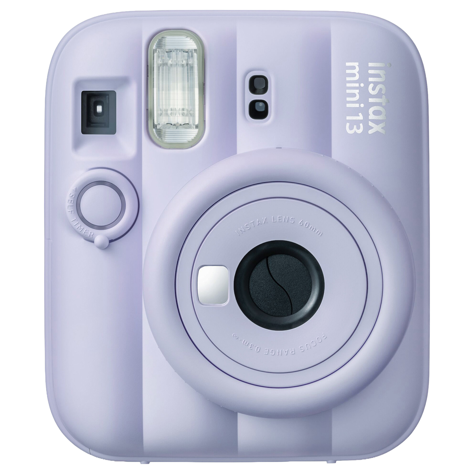 Lens, flaş ve vizör içeren açık mor renkli bir instax mini 13 anlık kamera.
