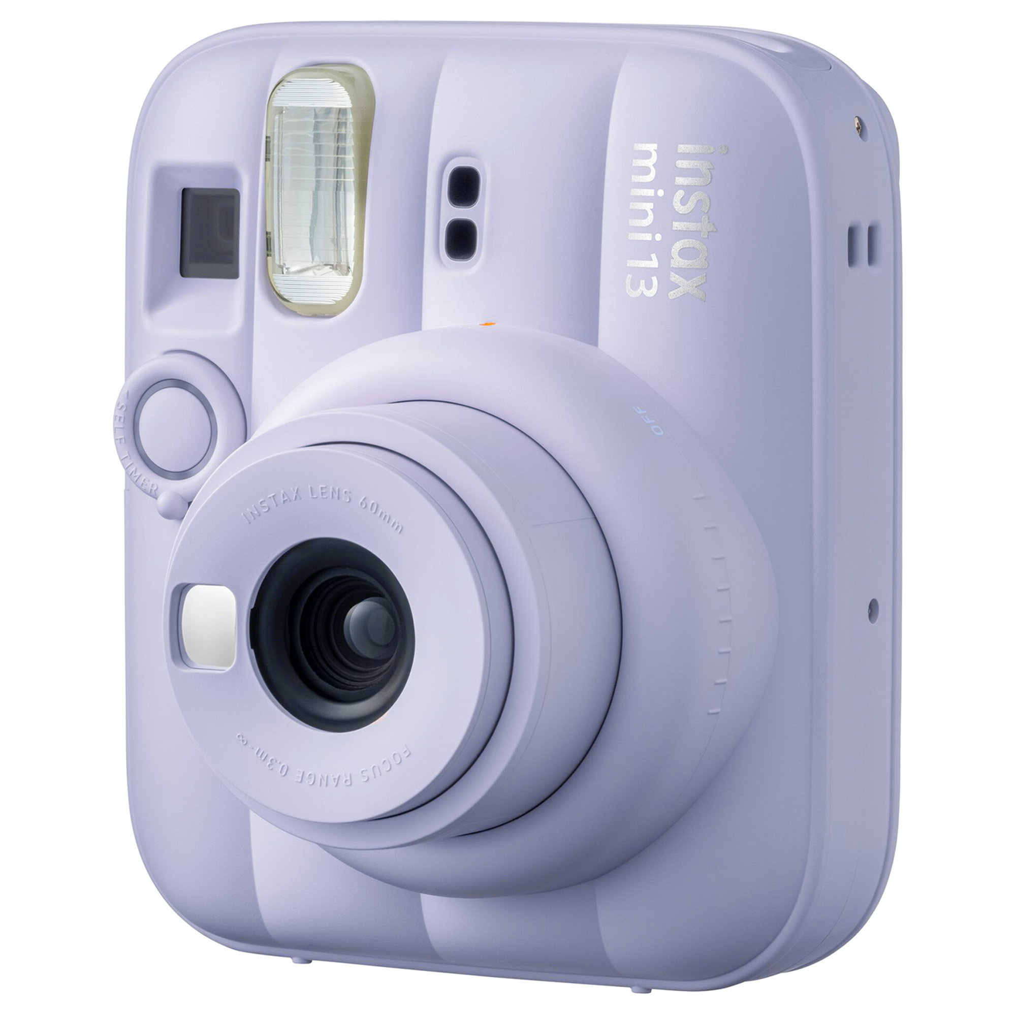 Silindirik lensli ve flaşlı mor renkli bir Instax Mini anlık kamera.