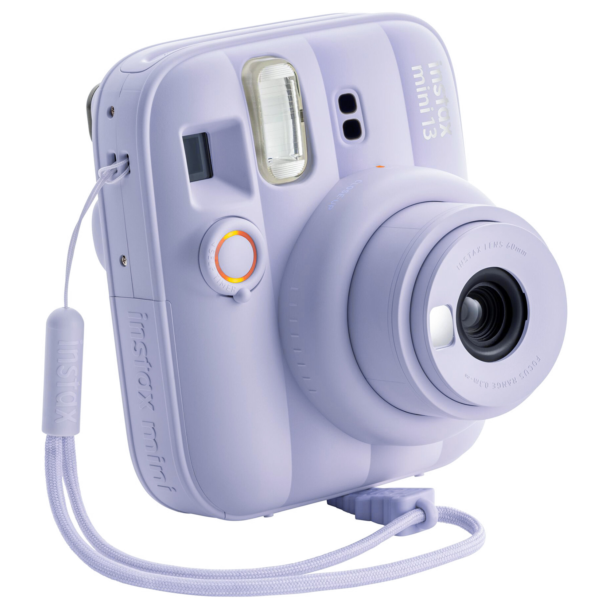 Beyaz arka planda uyumlu askısıyla pastel mor renkli Instax Mini anı kamerası.