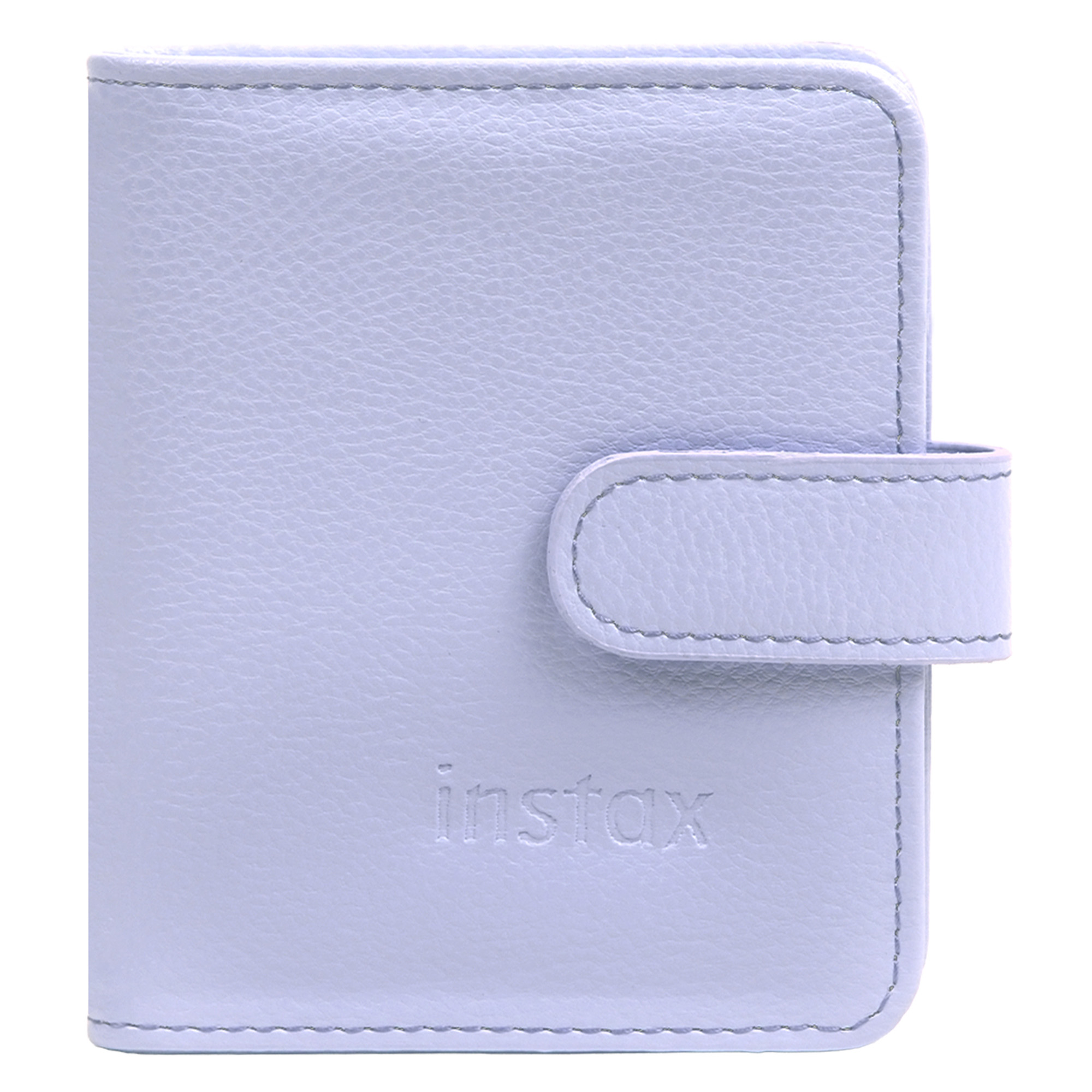 Beyaz arka planda çıtçıtlı kapamaya sahip açık mor deri Instax fotoğraf albümü.
