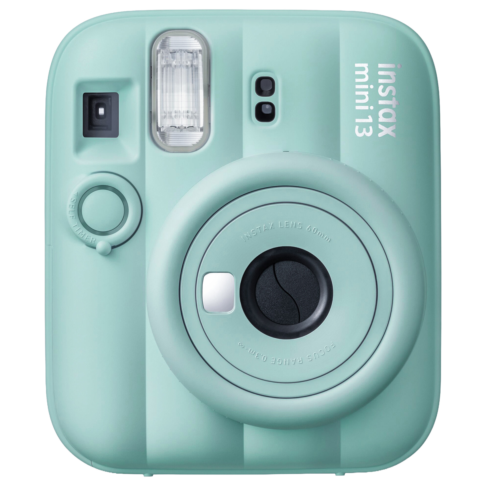 Beyaz arka planda lens, flaş ve vizöre sahip nane yeşili Instax Mini 13 anlık kamera.