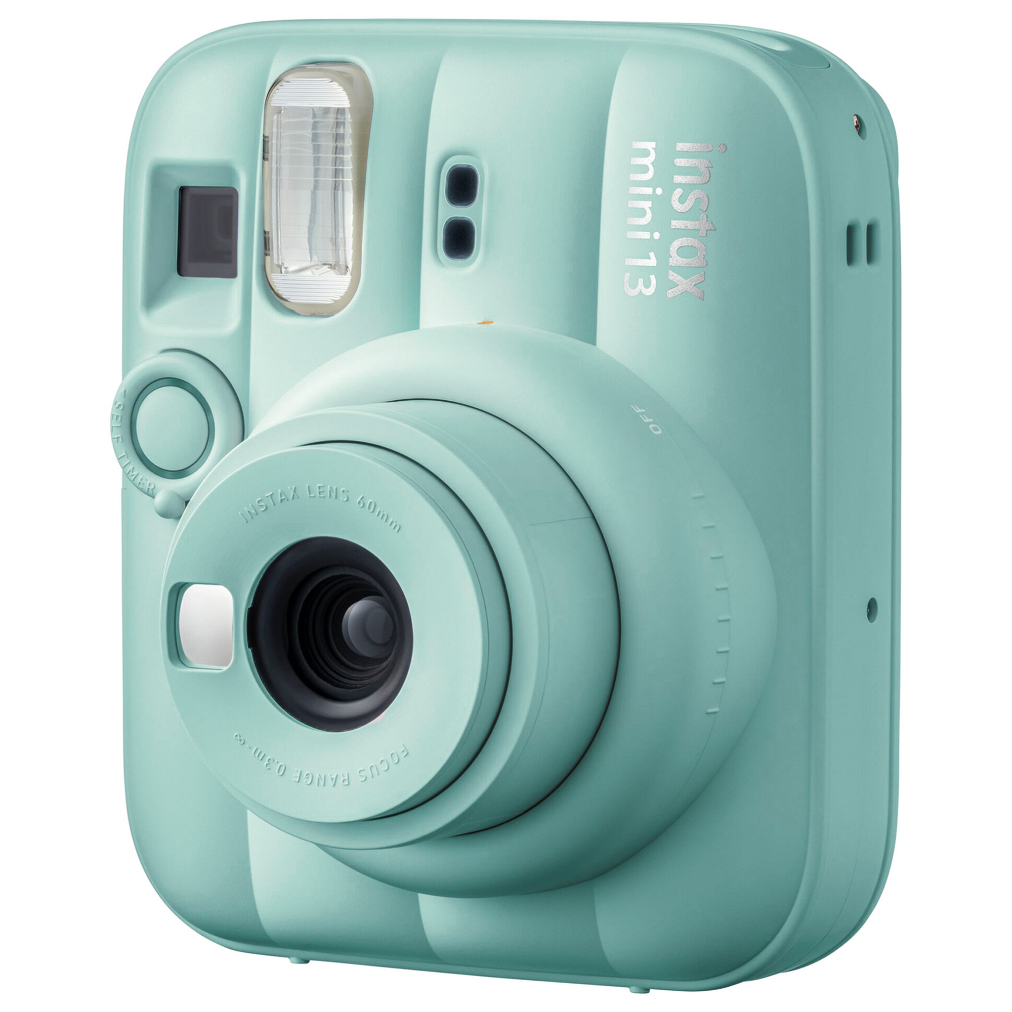 Uzatılmış lensi ve dahili flaşı olan nane yeşili renginde bir Instax Mini 13 anında fotoğraf makinesi.