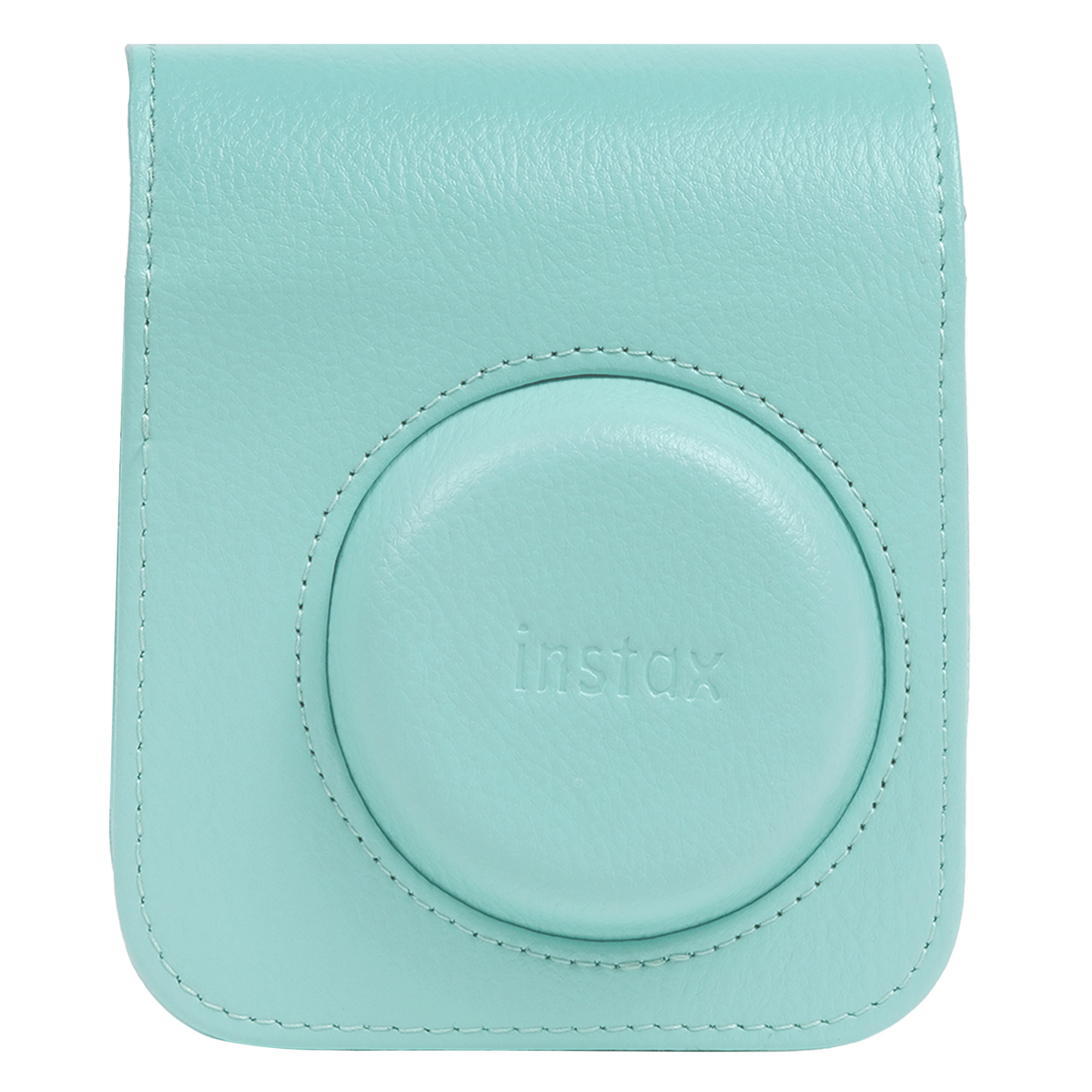 Beyaz arka planda yuvarlak lens kapaklı ve kabartmalı logolu açık mavi Instax kamera kılıfı.