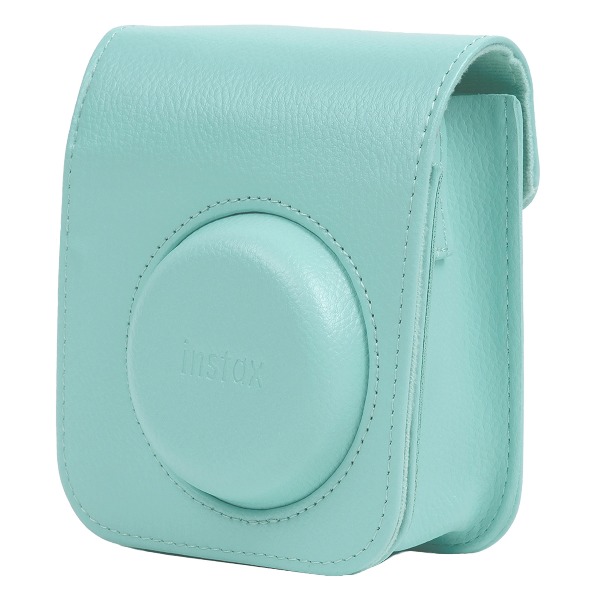 Yuvarlak ön kısma, beyaz dikişli kenarlara ve beyaz arka plana sahip açık mavi deri Instax kamera kılıfı.