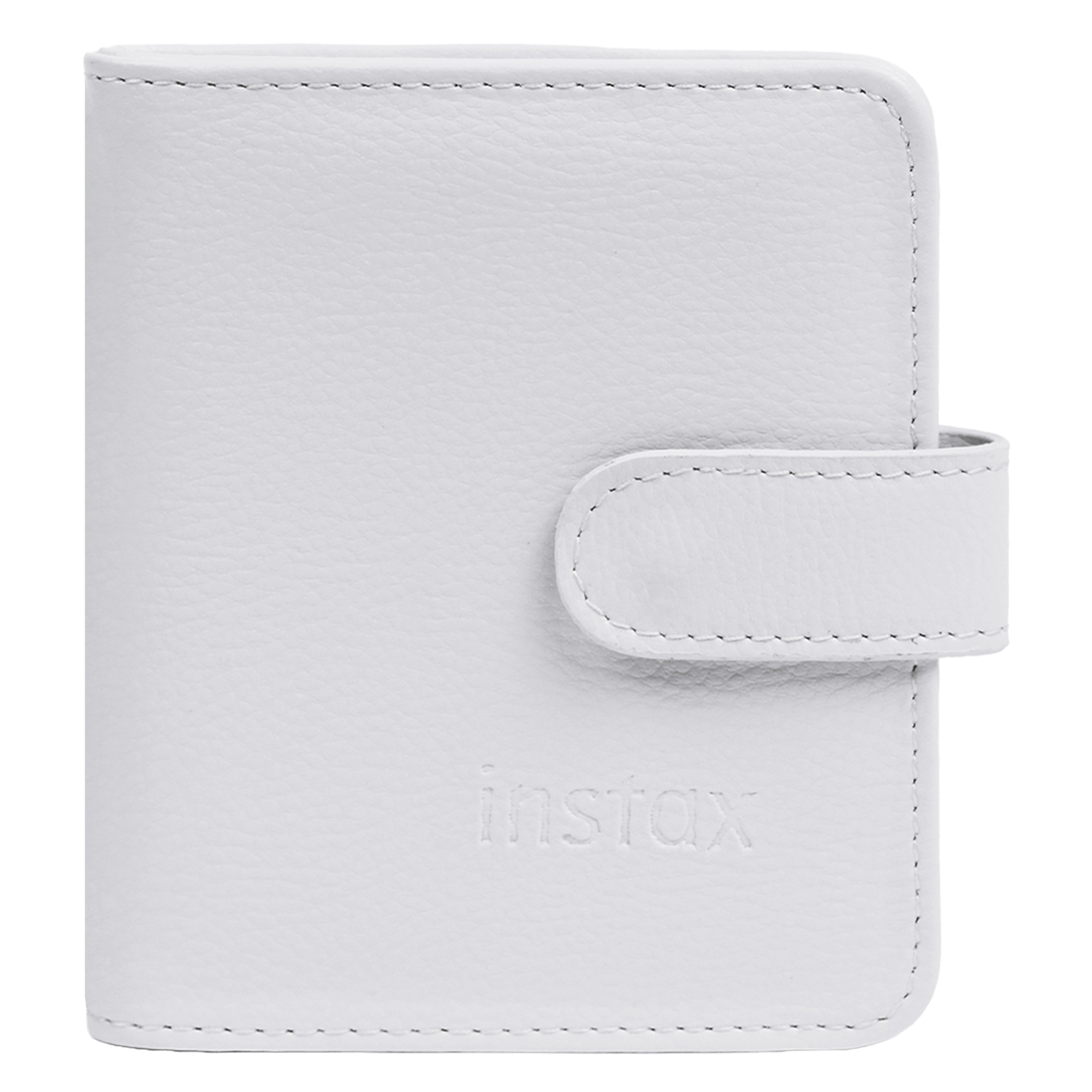 Çıtçıtlı kapamaya ve kabartmalı logoya sahip kapalı, beyaz bir Instax mini fotoğraf albümü.