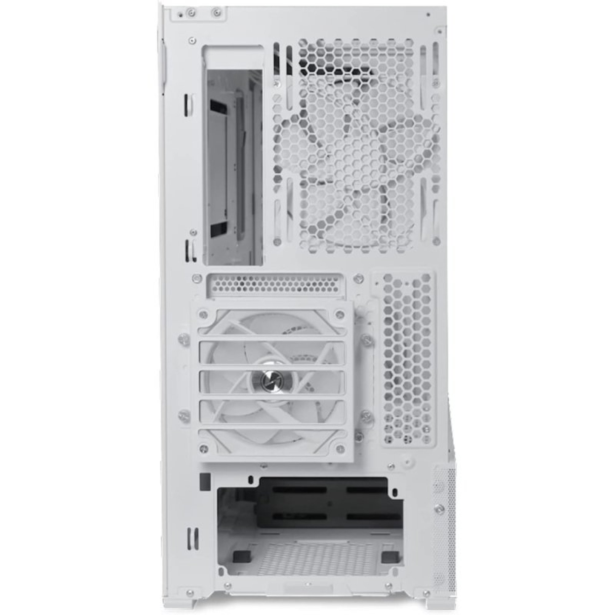 Vista posteriore di un case per computer bianco con ventole.