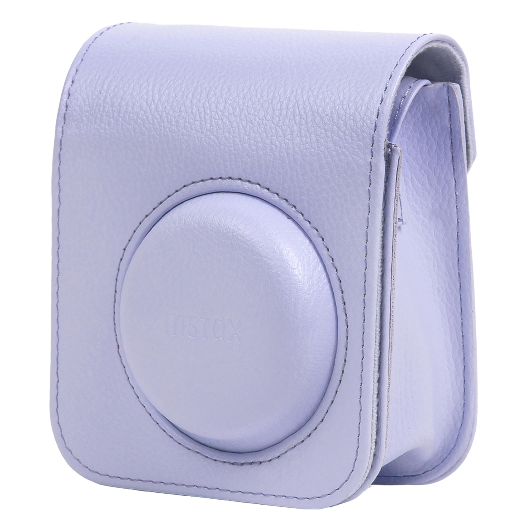 Beyaz arka planda açık mor deri Instax kamera kılıfı.