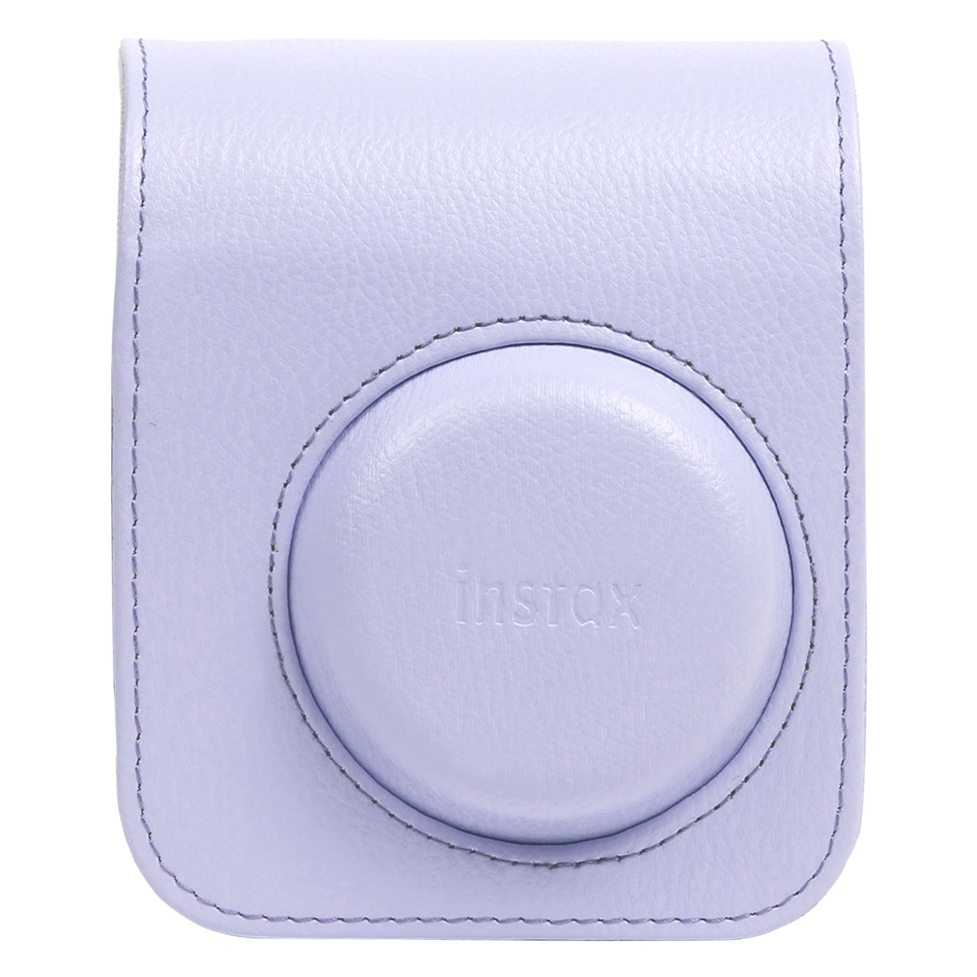 Instax logolu yuvarlak lens kapaklı ve dikişli kenarlı açık mor deri Instax kamera kılıfı.