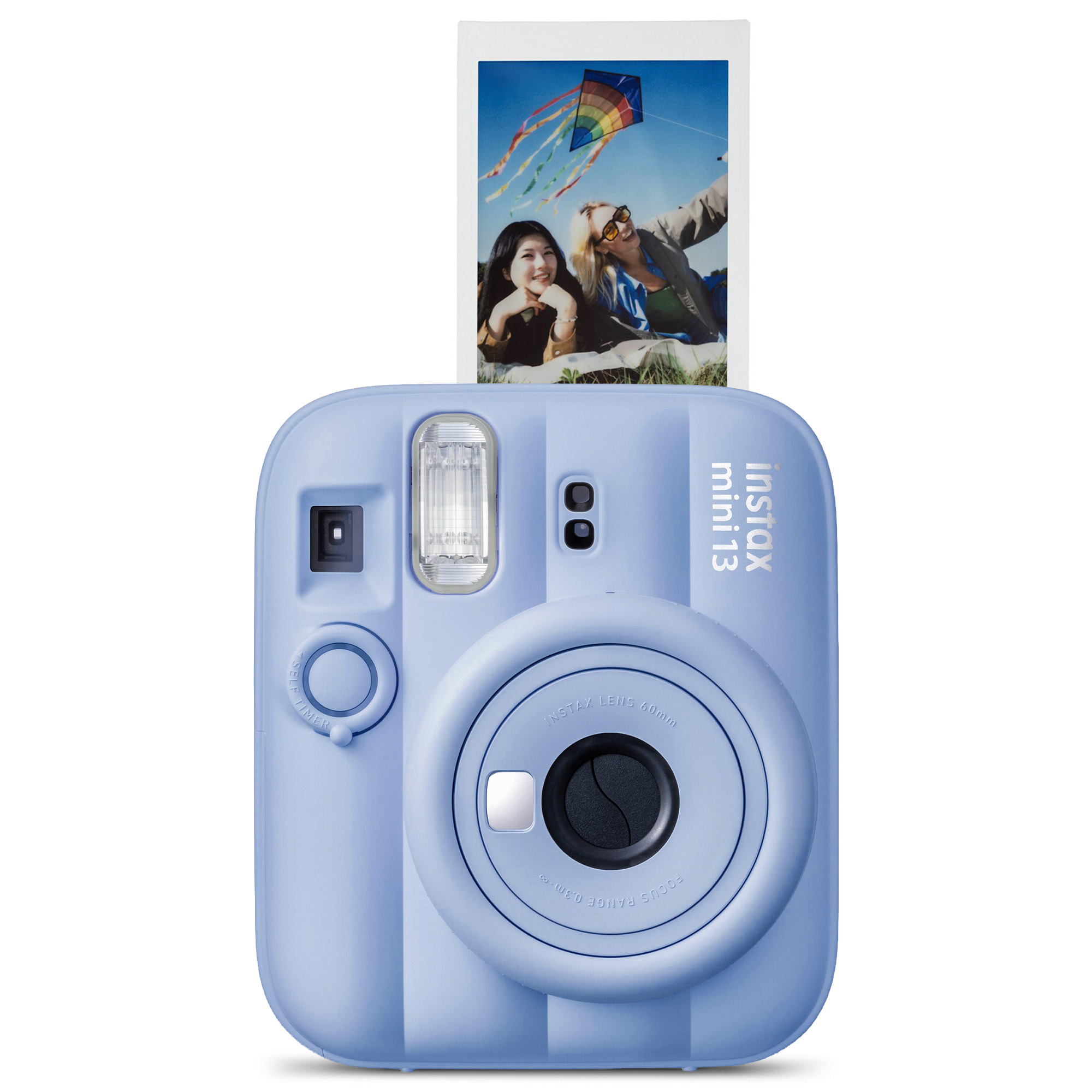 Üstünden iki kadını ve renkli uçurtmayı gösteren basılı bir fotoğraf çıkan açık mavi Instax mini 13 kamera.