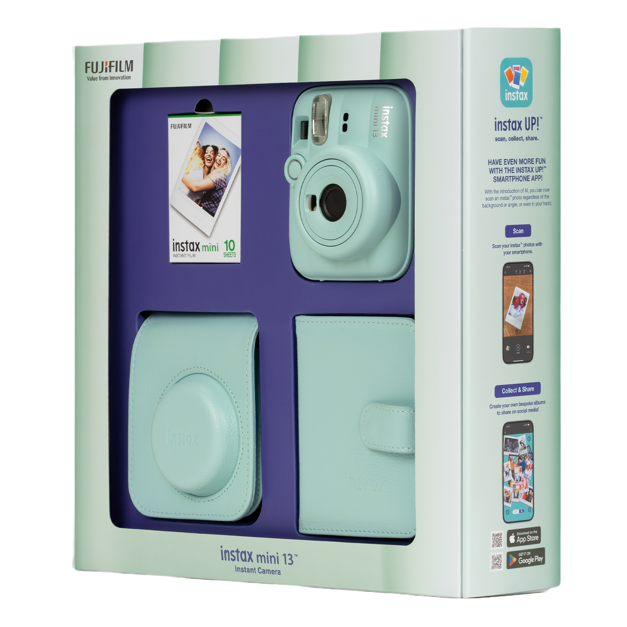 Hediye kutusunda açık yeşil bir Instax Mini 12 kamera, film, kılıf ve albüm.