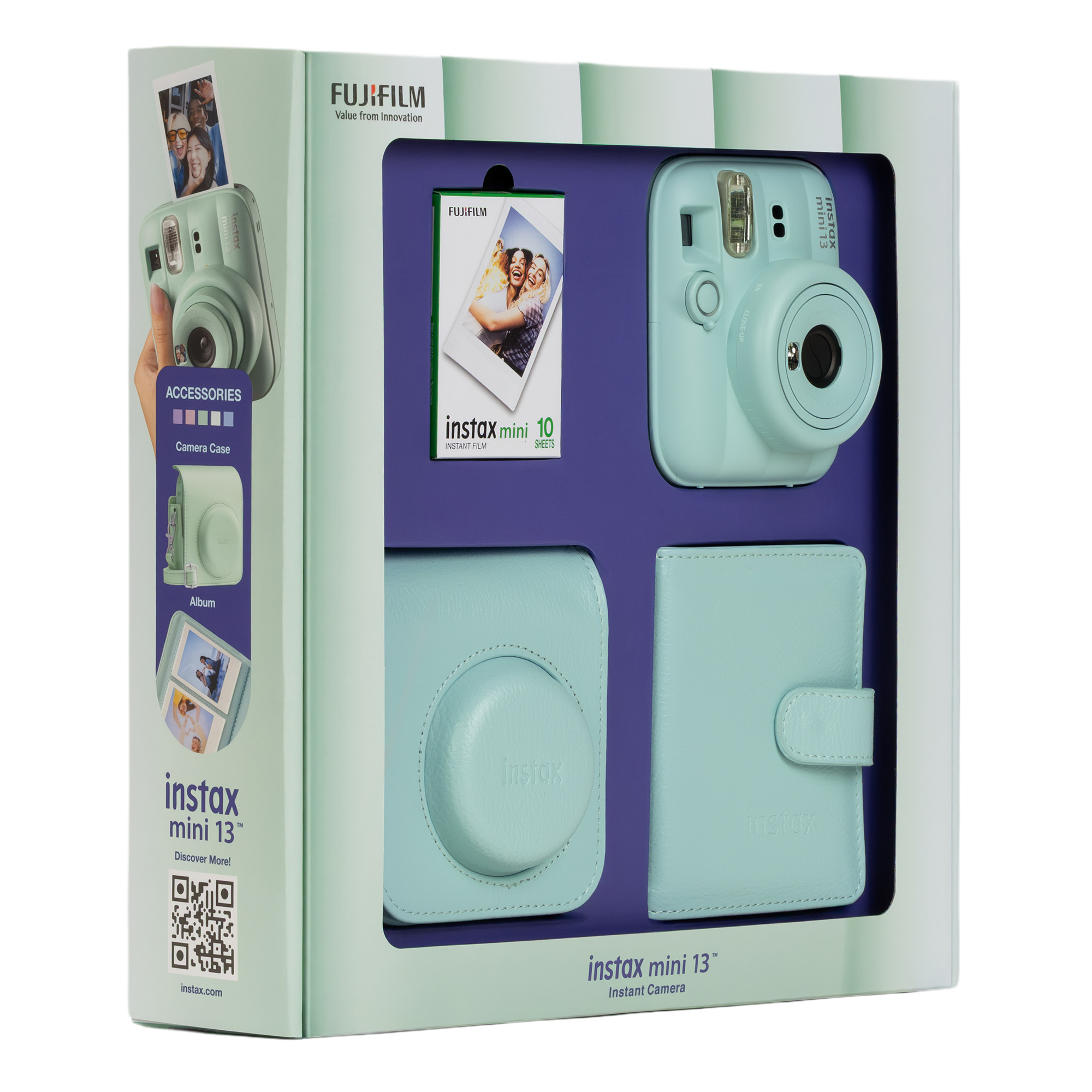 Kamera, film, kılıf ve albüm içeren nane yeşili Fujifilm Instax Mini 12 kamera set kutusu.