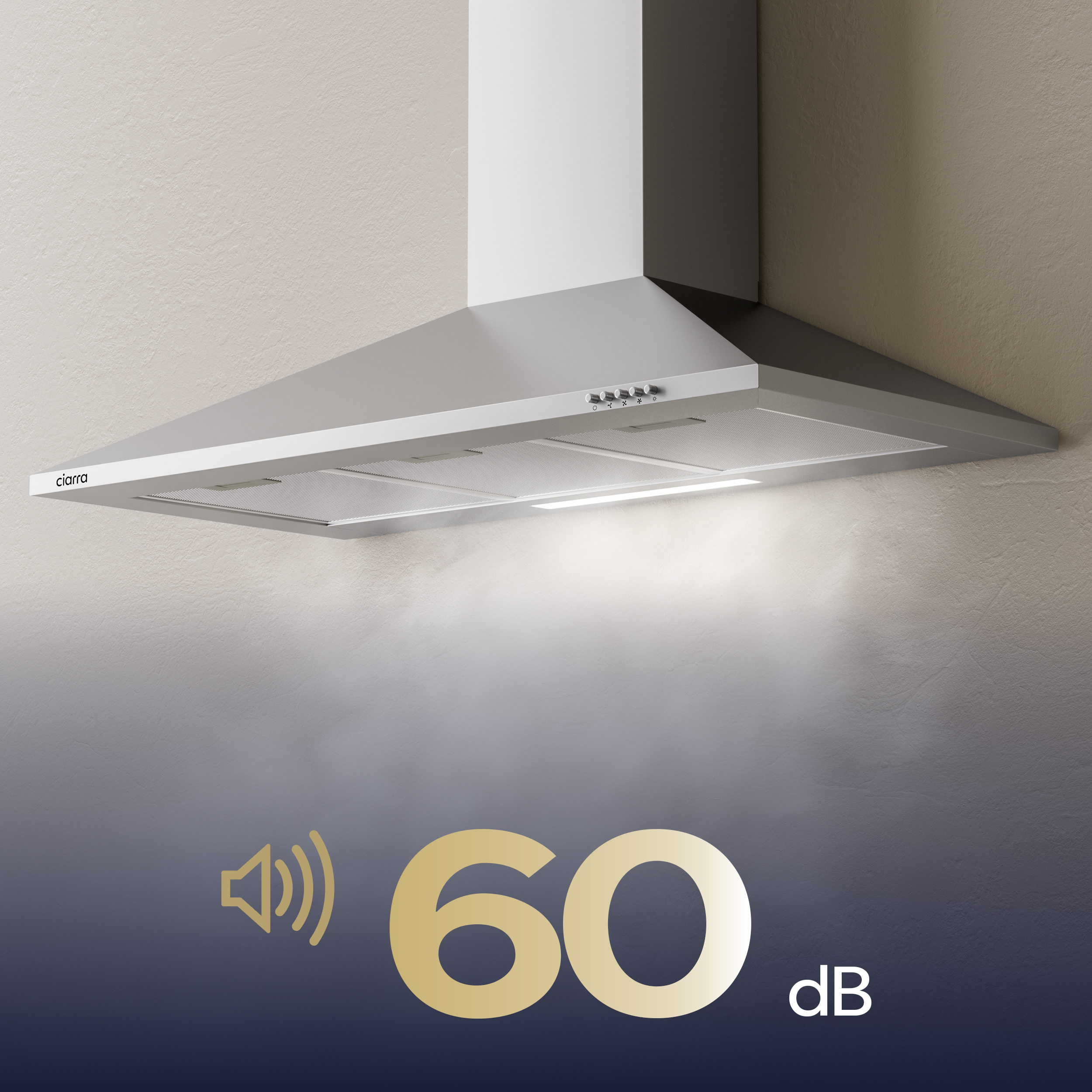 Hotte de cuisine en acier inoxydable avec lumière et le texte 60 dB en bas.