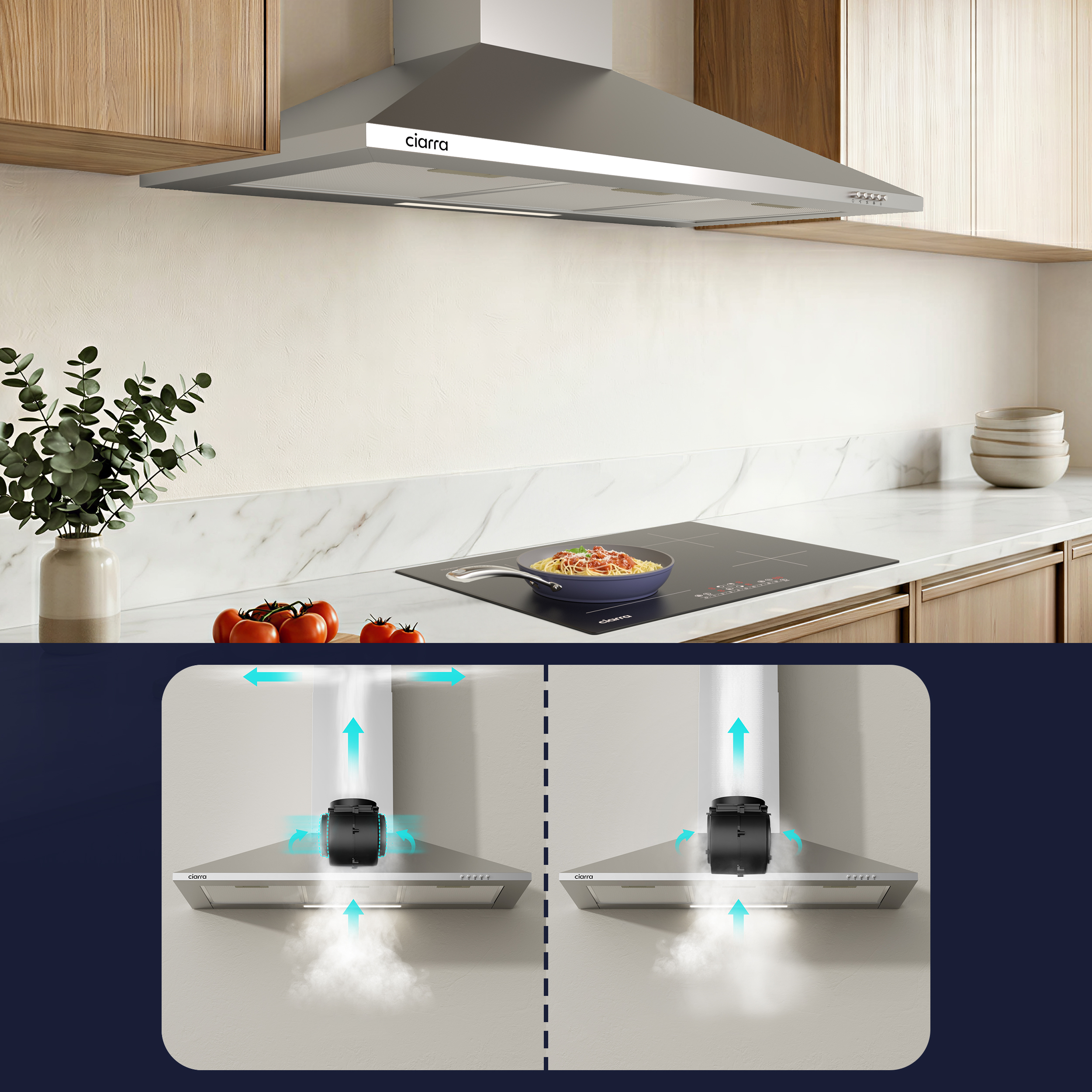 Cuisine moderne avec hotte en acier inoxydable, plaque à induction et schéma du flux d'air.