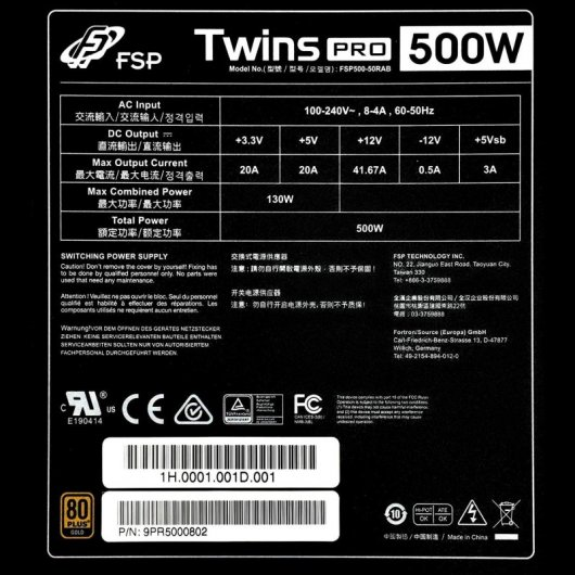 Specifiche tecniche e certificazioni su un'etichetta di alimentatore FSP Twins Pro 500W.