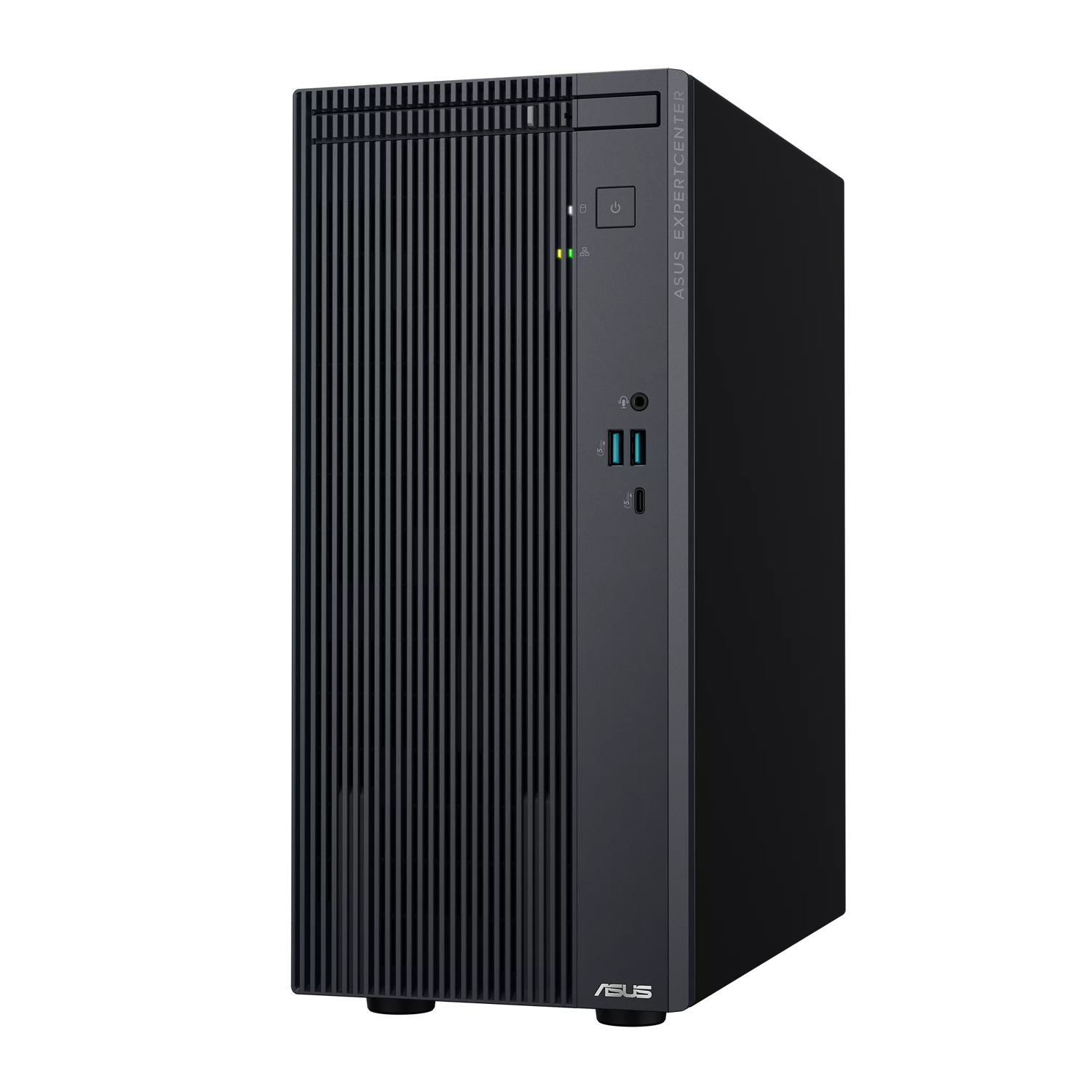 Dikey ızgaralara ve ön bağlantı noktalarına sahip siyah Asus ExpertCenter masaüstü bilgisayar.