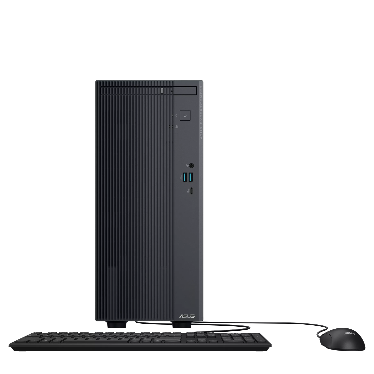 Dikey oluklu siyah bir ASUS masaüstü bilgisayar, klavye ve beyaz arka planda bir fare.