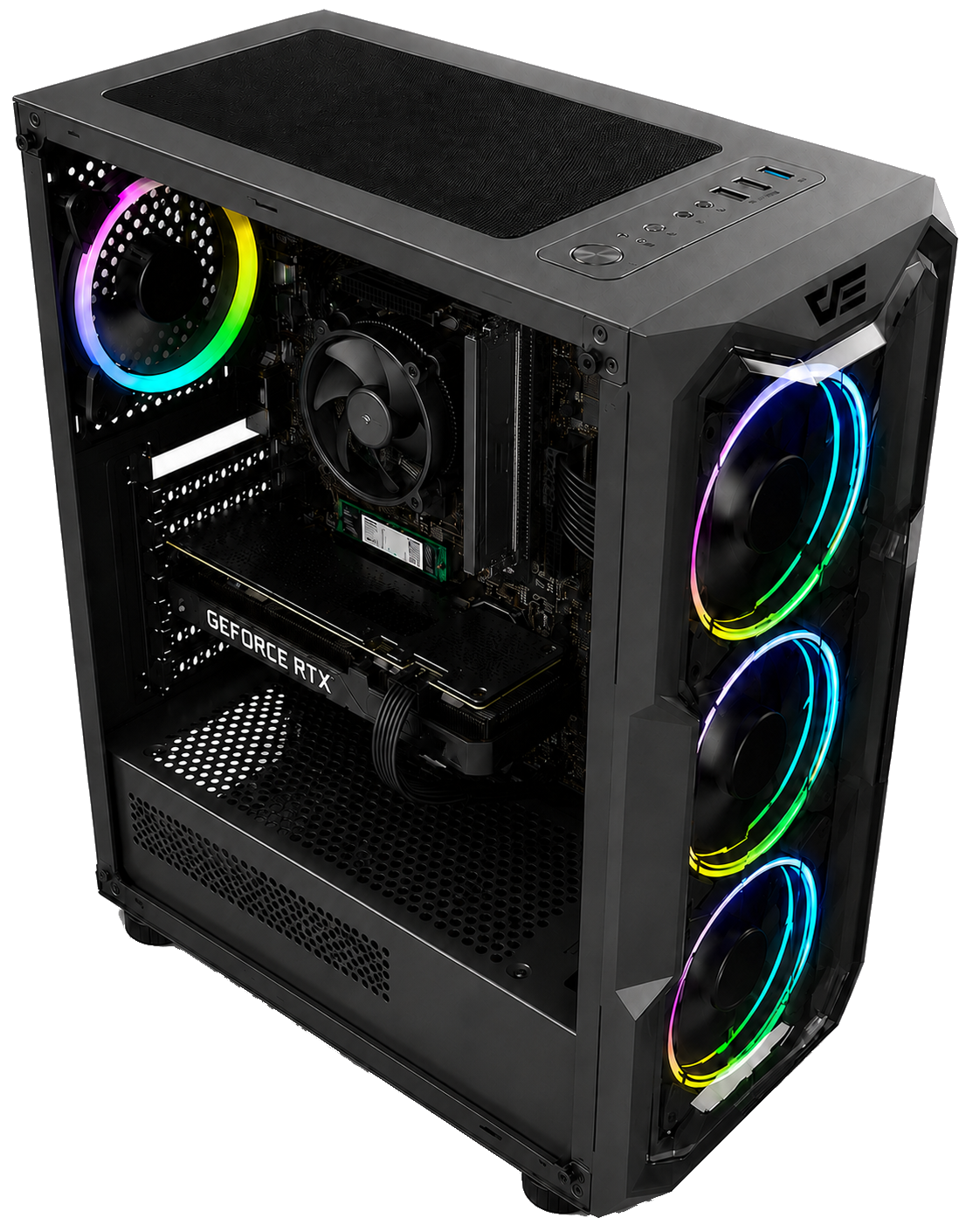 Schwarzer PC-Tower mit RGB-Lüftern und sichtbaren Innenteilen.