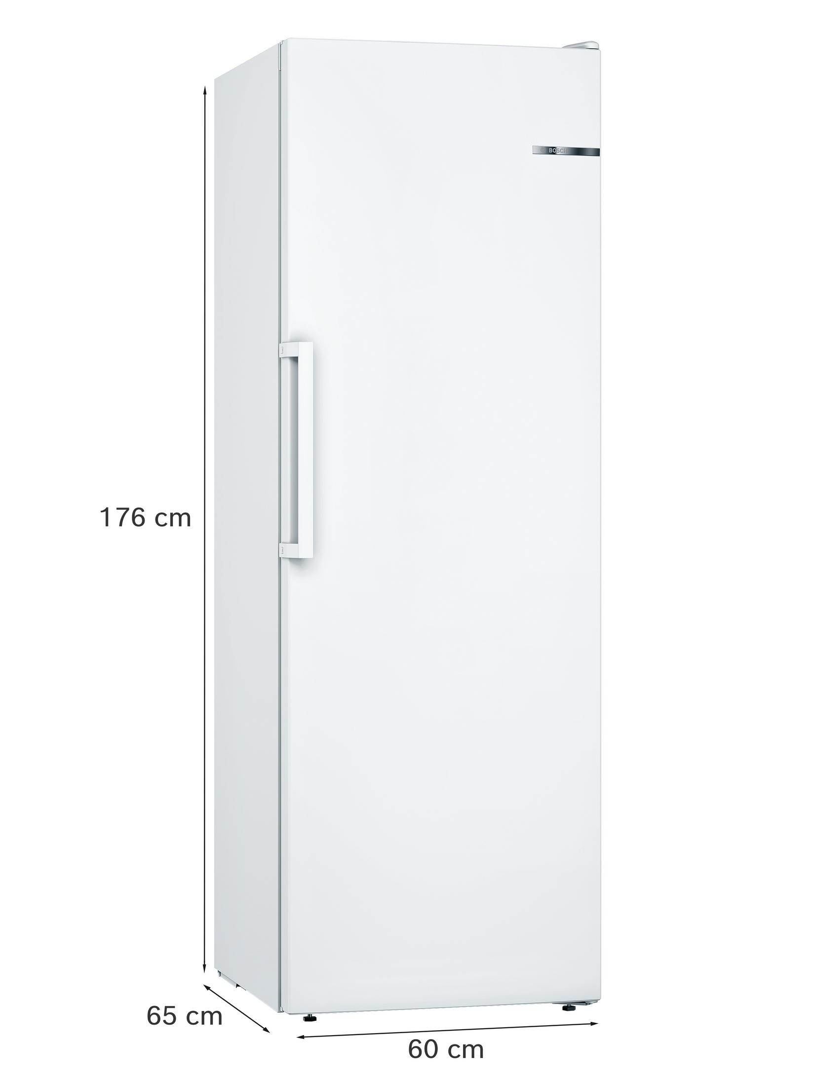 Ein weißer Bosch-Kühlschrank mit den Maßen 176 cm Höhe, 60 cm Breite und 65 cm Tiefe auf weißem Hintergrund.