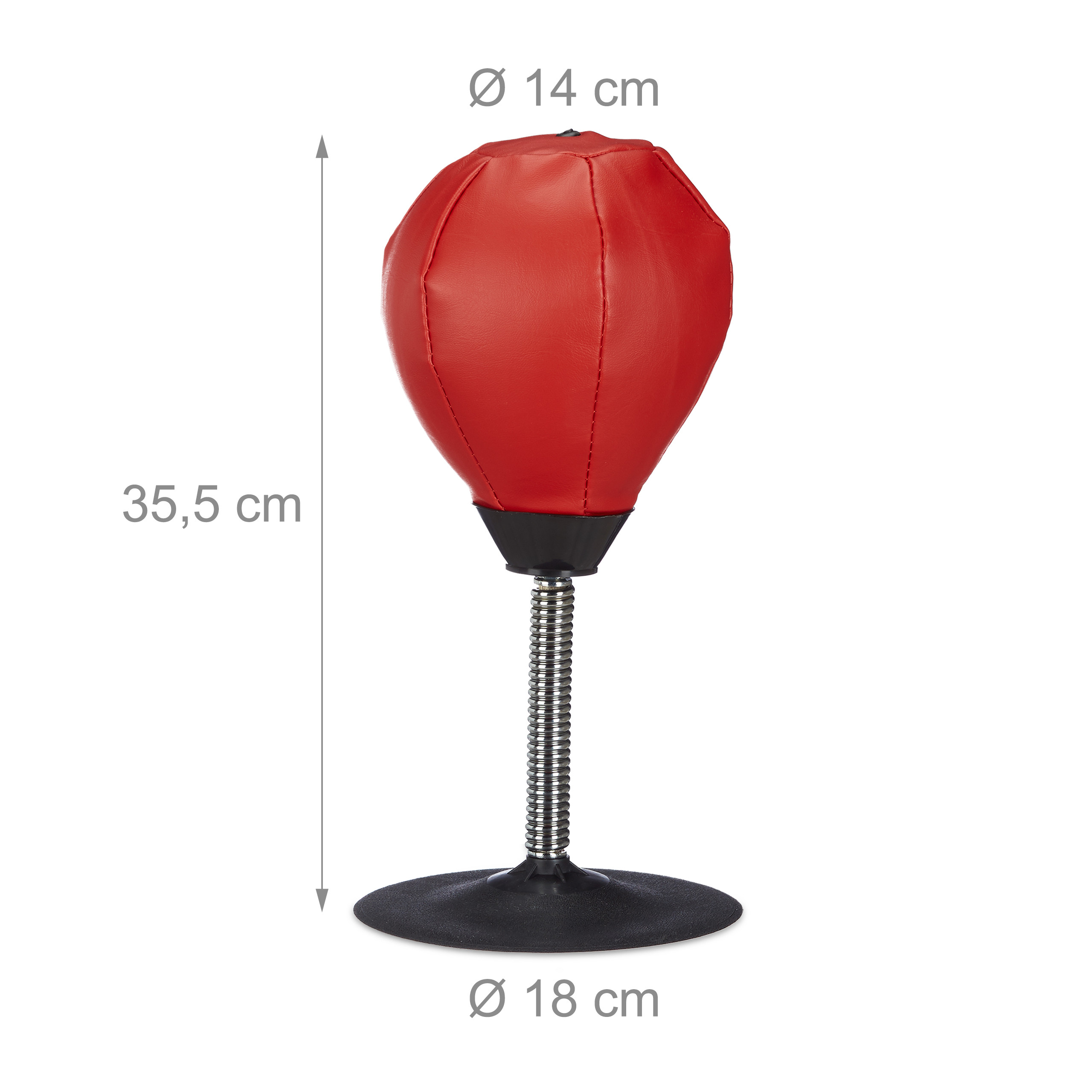 Roter Tisch-Boxball mit Feder, schwarzem Sockel und Größenangaben auf weißem Hintergrund.