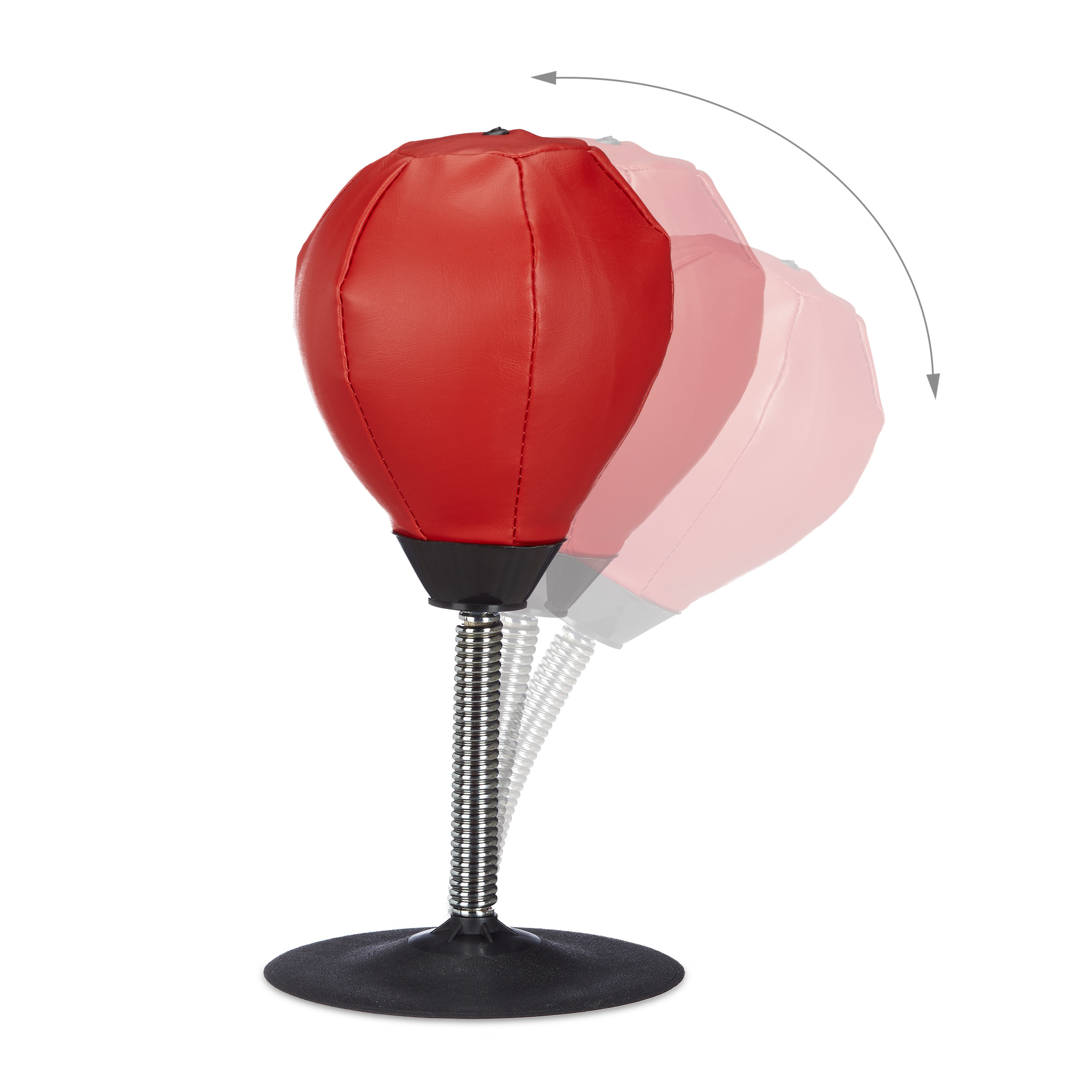 Ein roter Boxball mit Stahlfeder und schwarzem Sockel zeigt eine Bogenbewegung.