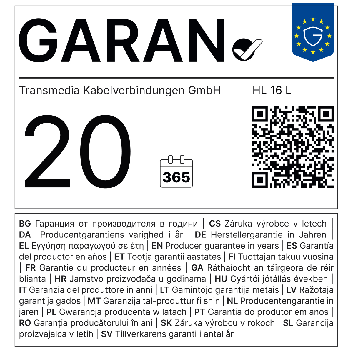 Etichetta di garanzia con testo GARAN, numero 20, codice QR e dettagli multilingue.