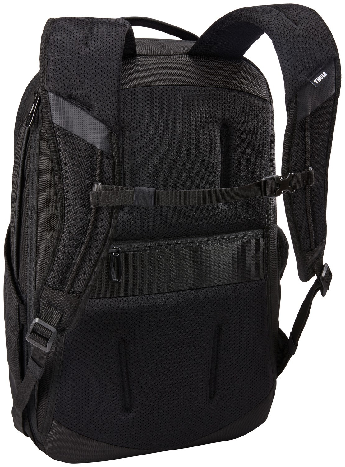 Rückansicht eines schwarzen Thule Rucksacks mit gepolsterten Schultergurten und einem Brustgurt.