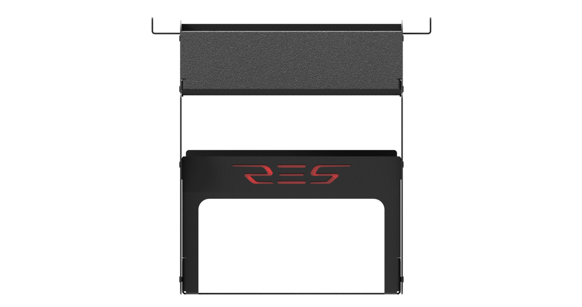 Staffa per PC in metallo nero con logo RES rosso su sfondo scuro.