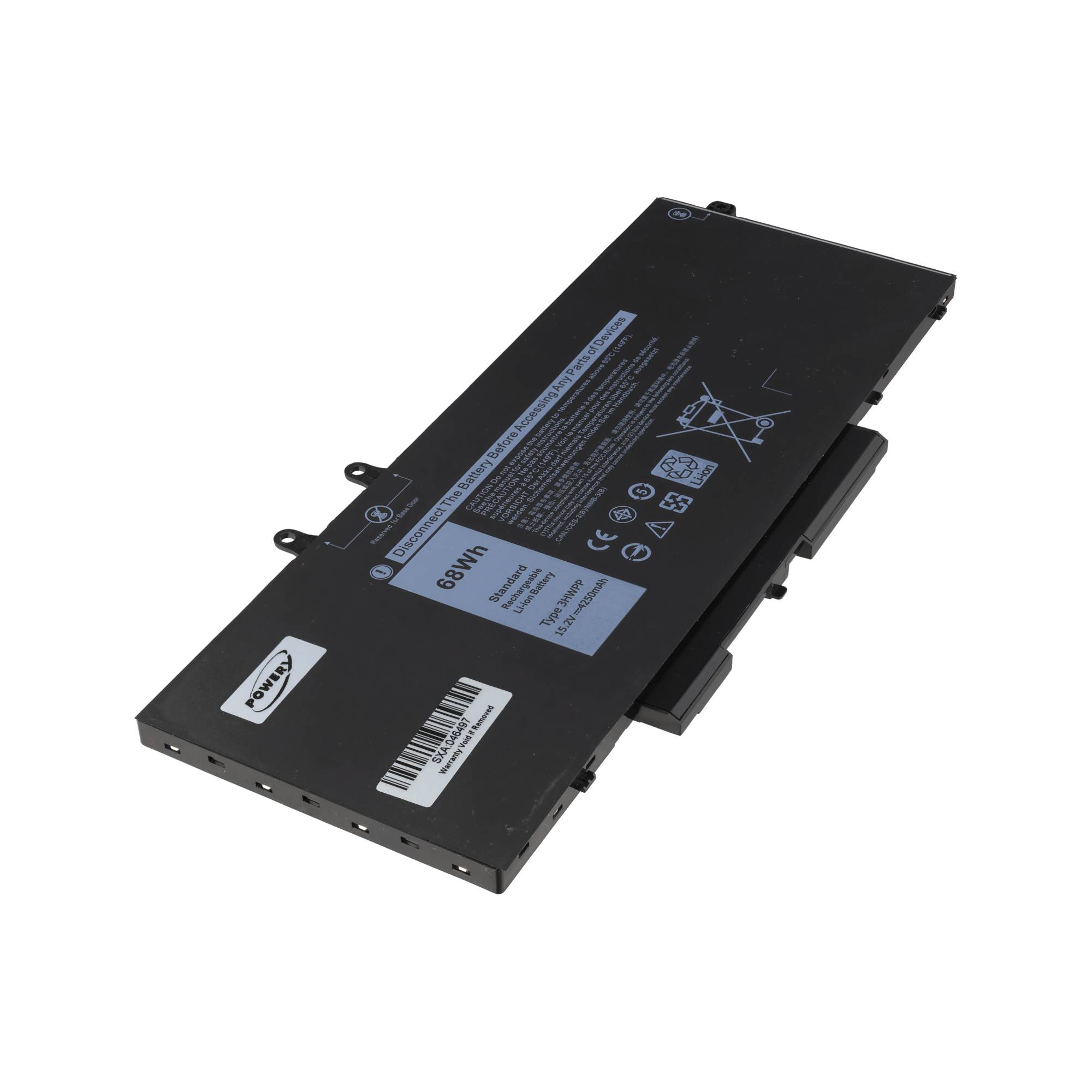 Schwarzer Laptop-Akku mit Warntext, technischen Daten und Strichcode auf flachem Hintergrund.