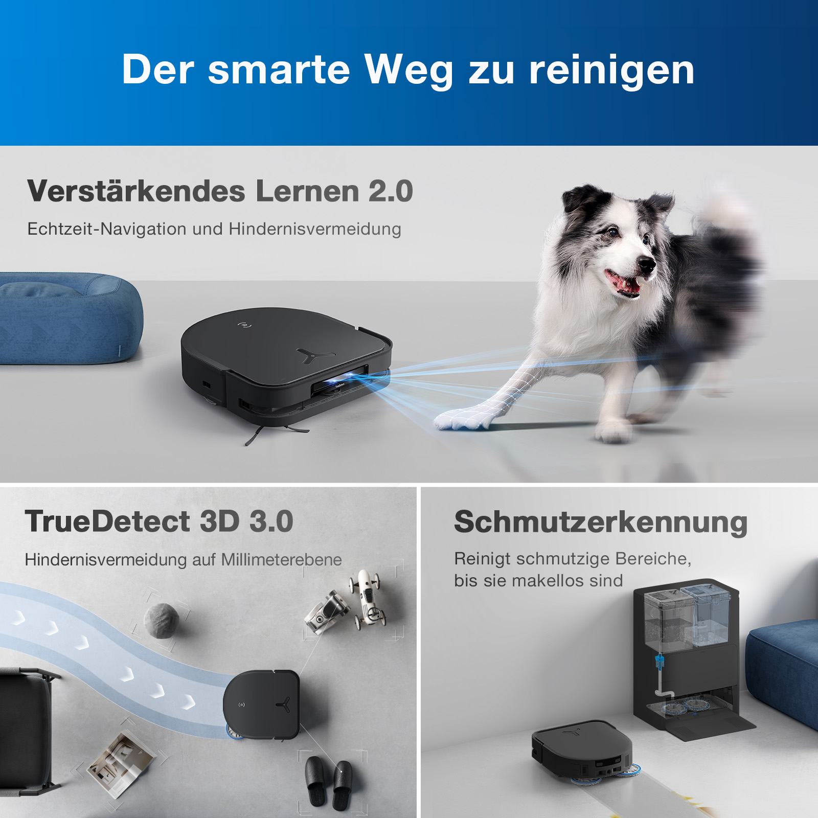 Un robot aspirapolvere con rilevamento laser evita un border collie e torna alla base.