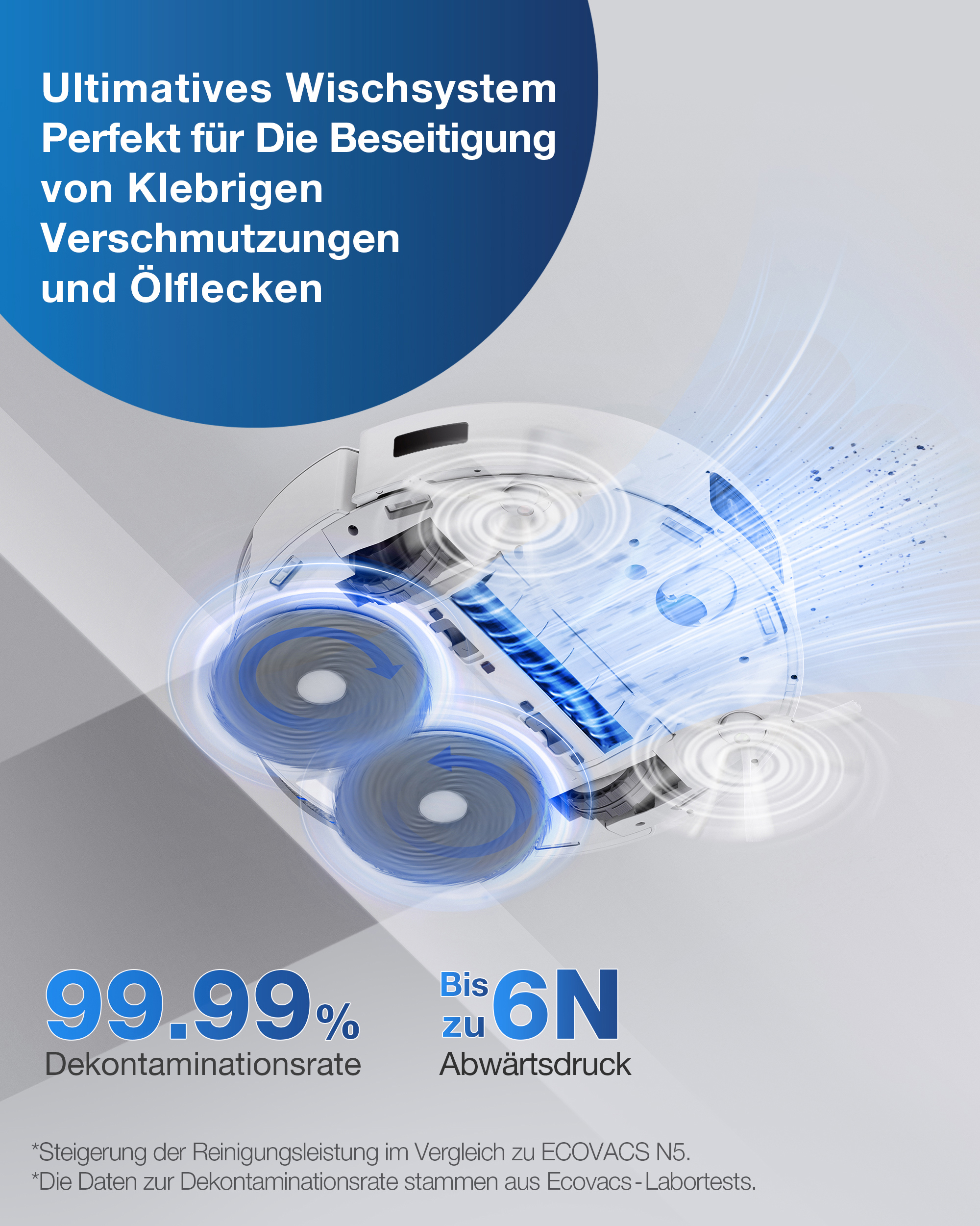 Roboterstaubsauger mit rotierenden Mopps reinigt effizient mit blauem Lichteffekt und Text.