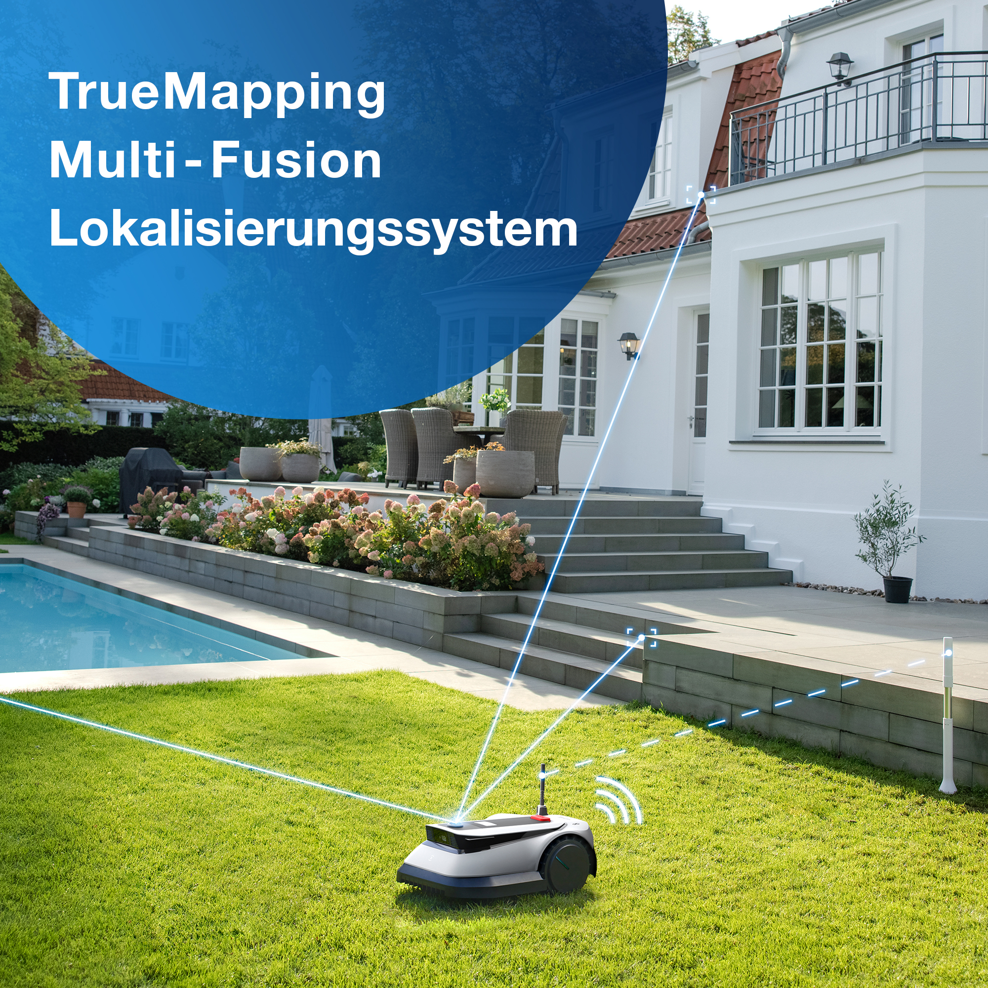 Ein Mähroboter mäht einen grünen Rasen vor einem weißen Haus mit Pool und sendet blaue Kartierungsstrahlen aus.