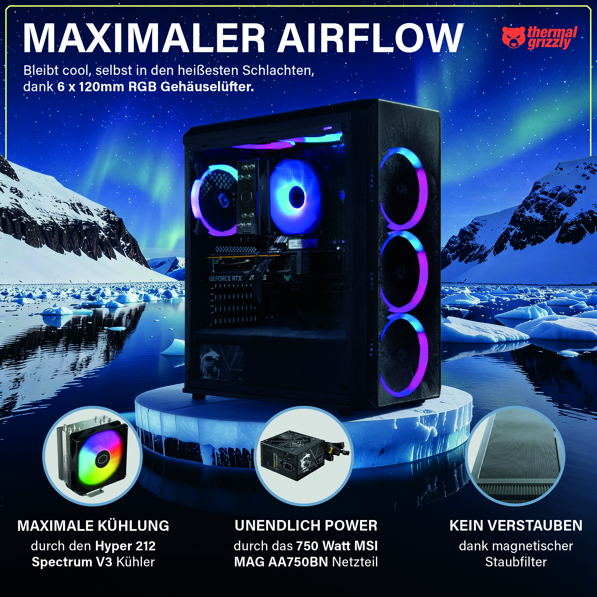 PC da gioco con illuminazione RGB su un piedistallo di ghiaccio con sfondo artico.