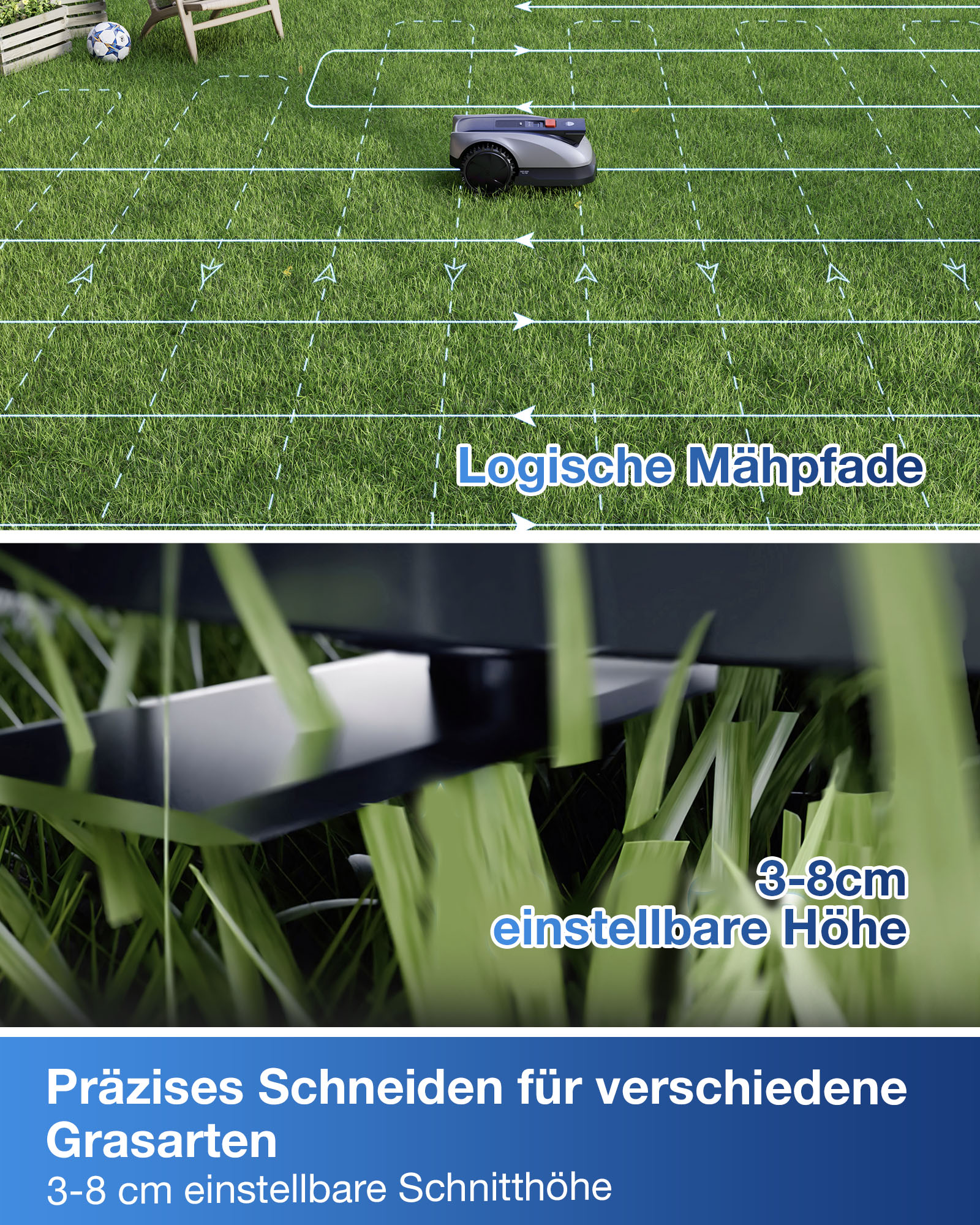 Ein Mähroboter mäht Rasen in logischen Bahnen mit verstellbarer Schnitthöhe.