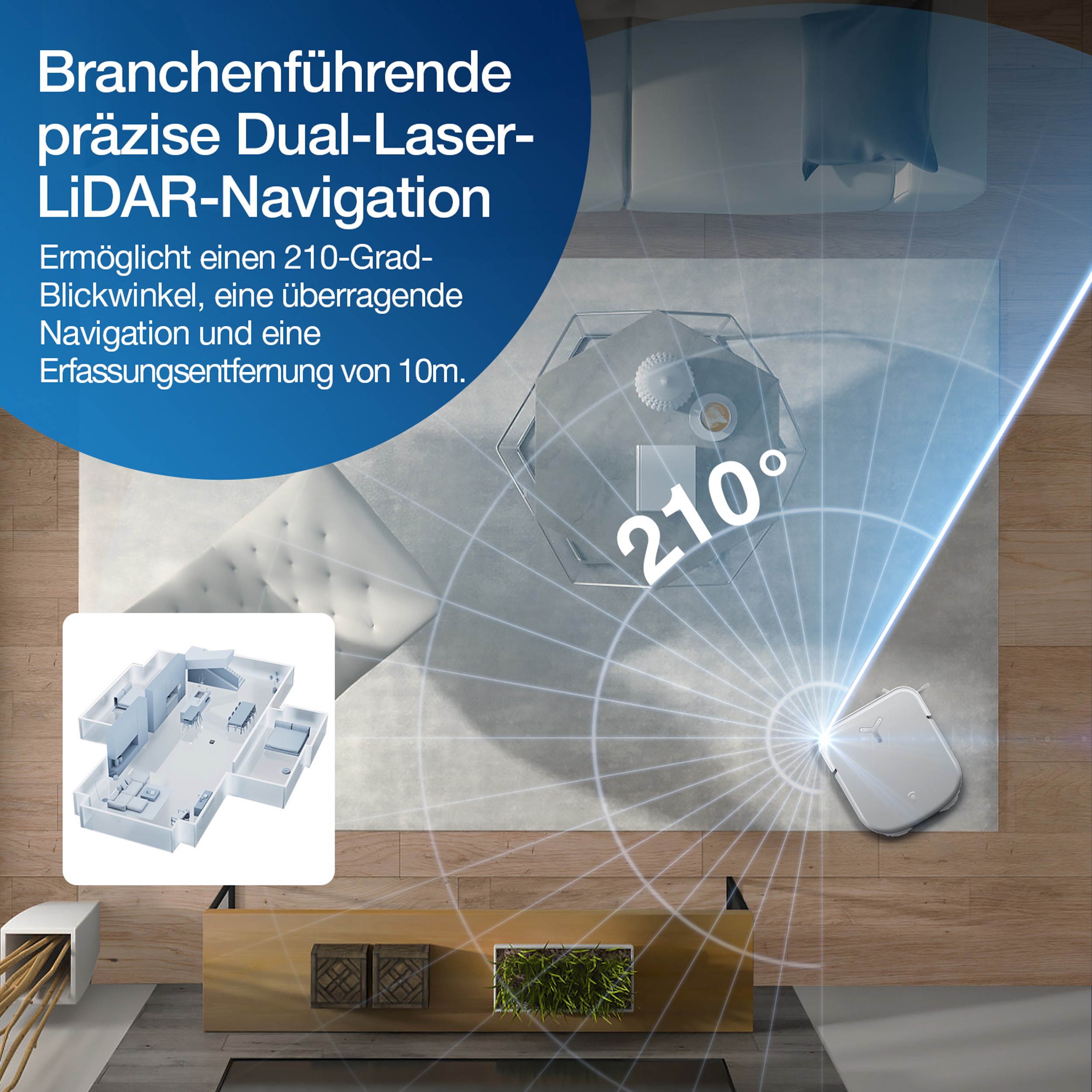 Grafik zeigt Dual-Laser-LiDAR-Navigation eines Saugroboters mit 210-Grad-Erfassung über einem Wohnzimmer.
