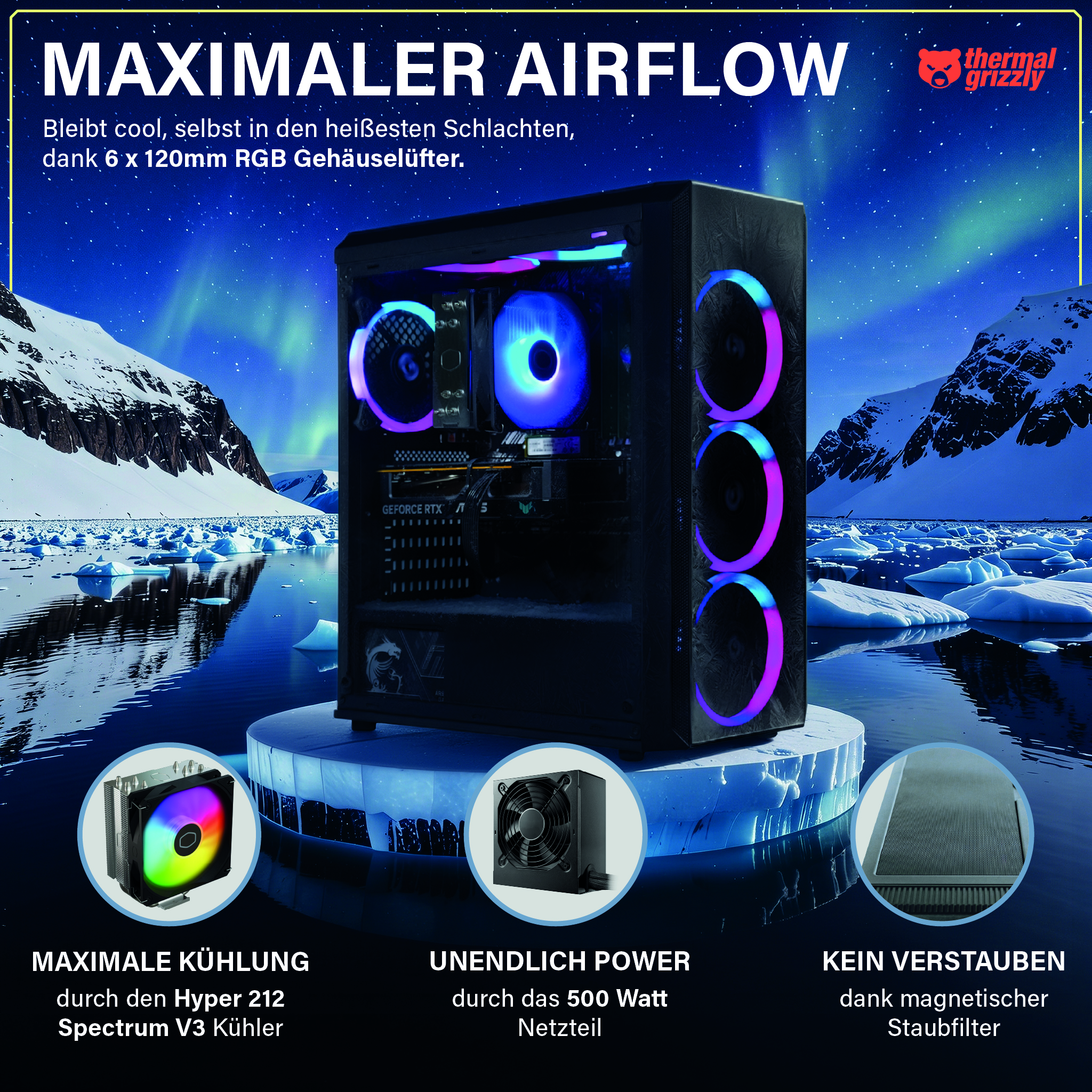 Desktop-PC mit RGB-Kühlung in einer Eislandschaft.