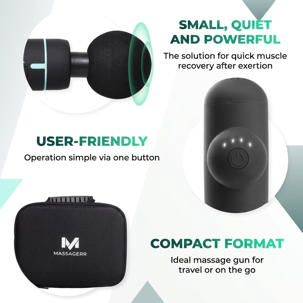 Pistolet de massage noir avec étui de rangement et texte promotionnel sur les fonctionnalités.