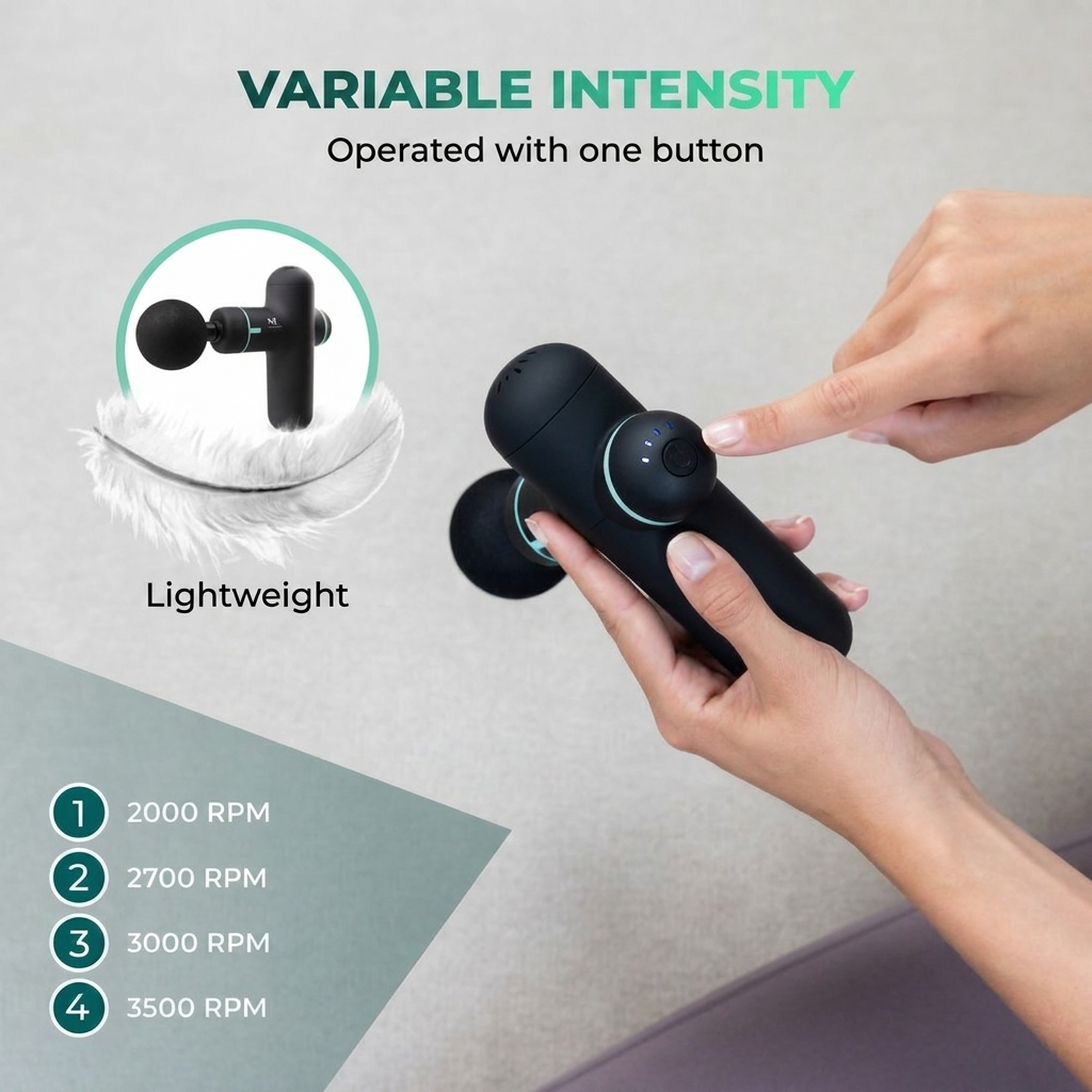 Personne utilise un pistolet de massage noir à vitesse variable.