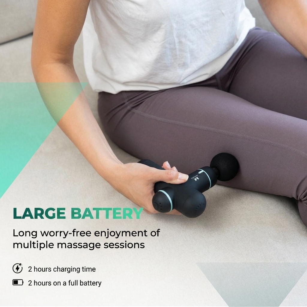 Une femme en leggings utilise un pistolet de massage noir sur sa jambe.