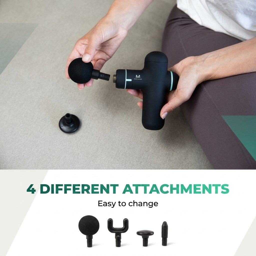 Une personne change la tête d'un pistolet de massage noir, qui comprend quatre accessoires différents.